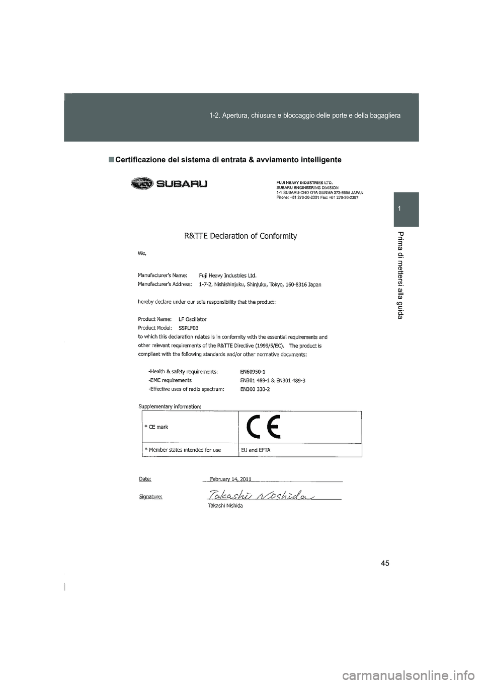 TOYOTA GT86 2016  Manuale duso (in Italian) 45
1-2. Apertura, chiusura e bloccaggio delle porte e della bagagliera
1
Prima di mettersi alla guida
FT86_EL
■Certificazione del sistema di entrata & avviamento intelligente
86_OM_EL_OM18064L.book 