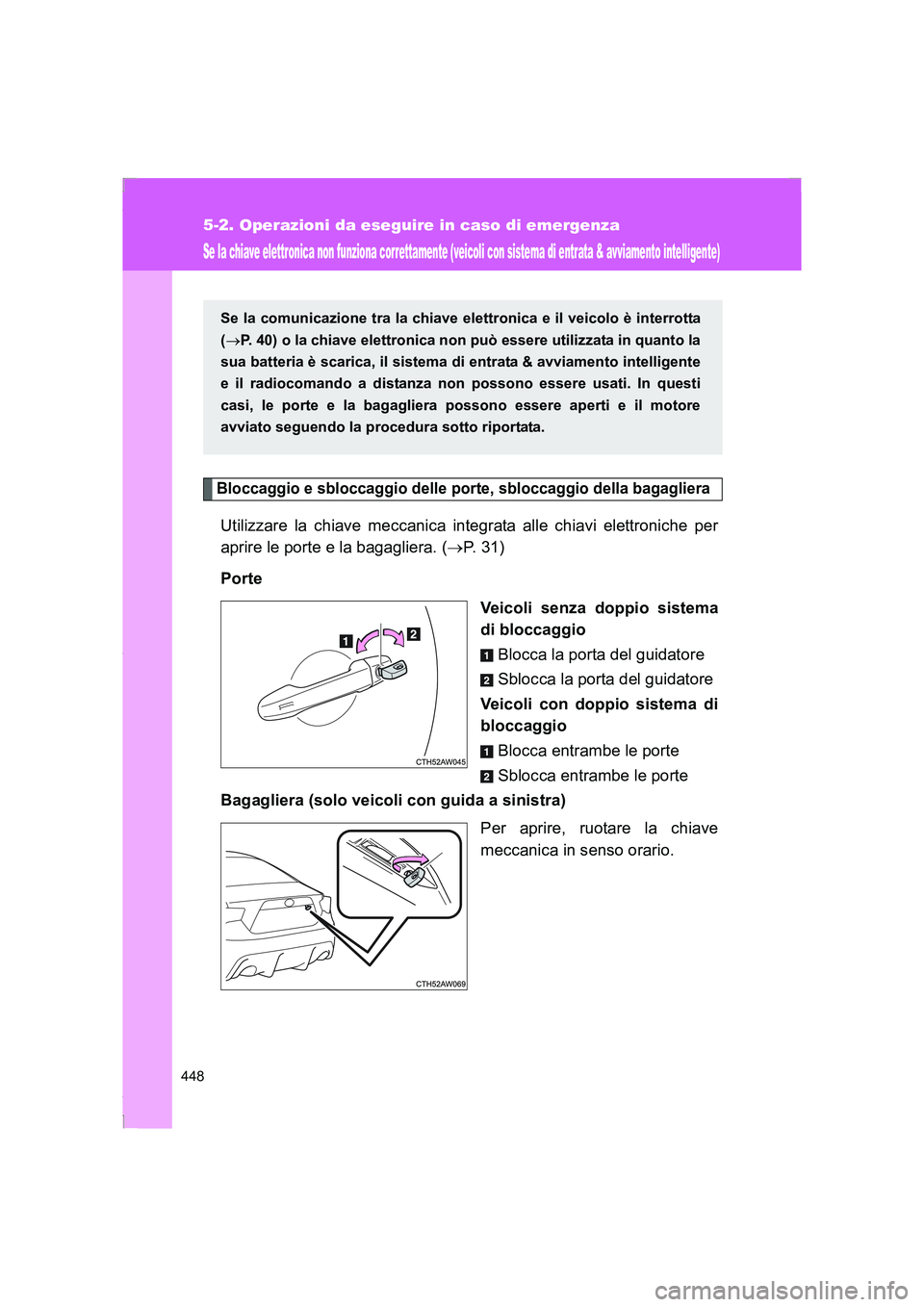 TOYOTA GT86 2016 Manuale duso (in Italian) 448
5-2. Operazioni da eseguire in caso di emergenza
FT86_EL
Se la chiave elettronica non funziona cor rettamente (veicoli con sistema di entrata & avviamento intelligente)
Bloccaggio e sbloccaggio de TOYOTA GT86 2016 Manuale duso (in Italian) 448
5-2. Operazioni da eseguire in caso di emergenza
FT86_EL
Se la chiave elettronica non funziona cor rettamente (veicoli con sistema di entrata & avviamento intelligente)
Bloccaggio e sbloccaggio de
