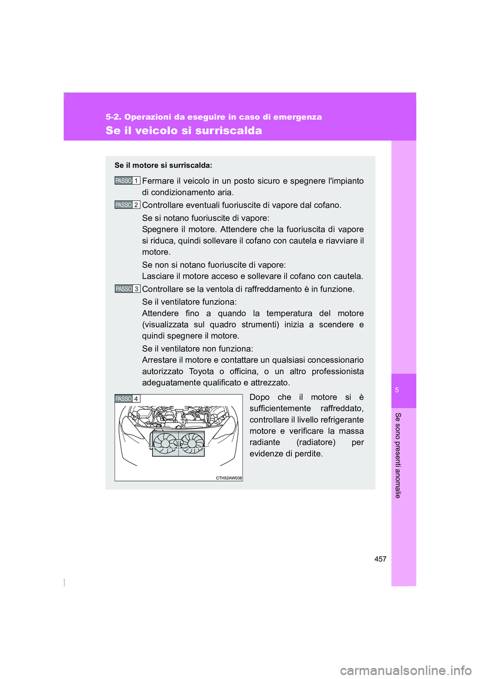 TOYOTA GT86 2016  Manuale duso (in Italian) 5
457
5-2. Operazioni da eseguire in caso di emergenza
Se sono presenti anomalie
FT86_EL
Se il veicolo si surriscalda
Se il motore si surriscalda:
Fermare il veicolo in un posto sicuro e spegnere lim