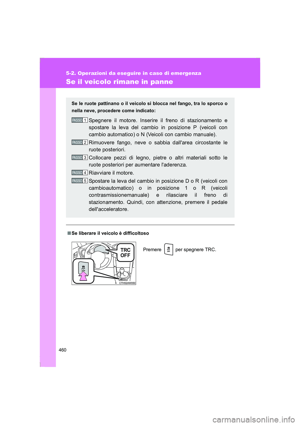TOYOTA GT86 2016  Manuale duso (in Italian) 460
5-2. Operazioni da eseguire in caso di emergenza
FT86_EL
Se il veicolo rimane in panne
■Se liberare il veicolo è difficoltoso Se le ruote pattinano o il veicolo si blocca nel fango, tra lo spor