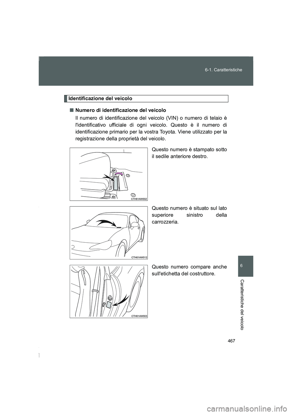 TOYOTA GT86 2016  Manuale duso (in Italian) 467 6-1. Caratteristiche
6
Caratteristiche del veicolo
FT86_EL
Identificazione del veicolo
■Numero di identificazione del veicolo
Il numero di identificazione del veicolo (VIN) o numero di telaio è