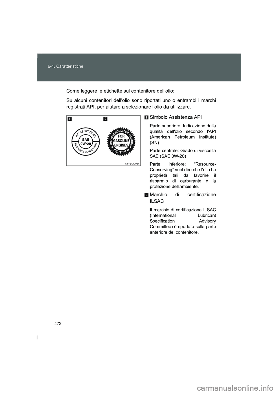 TOYOTA GT86 2016  Manuale duso (in Italian) 472 6-1. Caratteristiche
FT86_ELCome leggere le etichette sul contenitore dellolio:
Su alcuni contenitori dellolio sono riportati uno o entrambi i marchi
registrati API, per aiutare a selezionare l