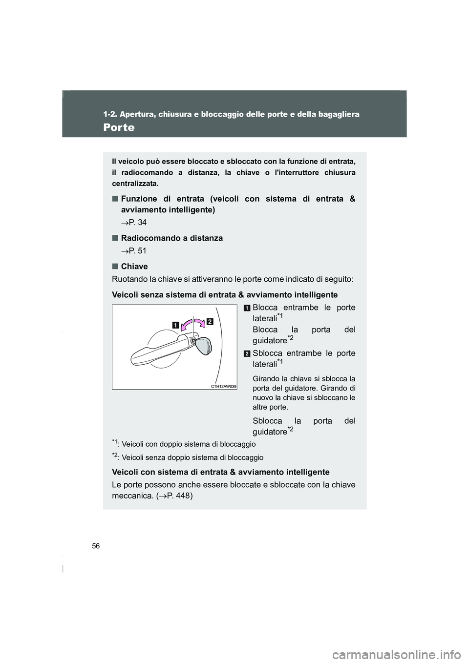TOYOTA GT86 2016 Manuale duso (in Italian) 56
1-2. Apertura, chiusura e bloccaggio delle porte e della bagagliera
FT86_EL
Por te
Il veicolo può essere bloccato e sbloccato con la funzione di entrata,
il radiocomando a distanza, la chiave o l TOYOTA GT86 2016 Manuale duso (in Italian) 56
1-2. Apertura, chiusura e bloccaggio delle porte e della bagagliera
FT86_EL
Por te
Il veicolo può essere bloccato e sbloccato con la funzione di entrata,
il radiocomando a distanza, la chiave o l
