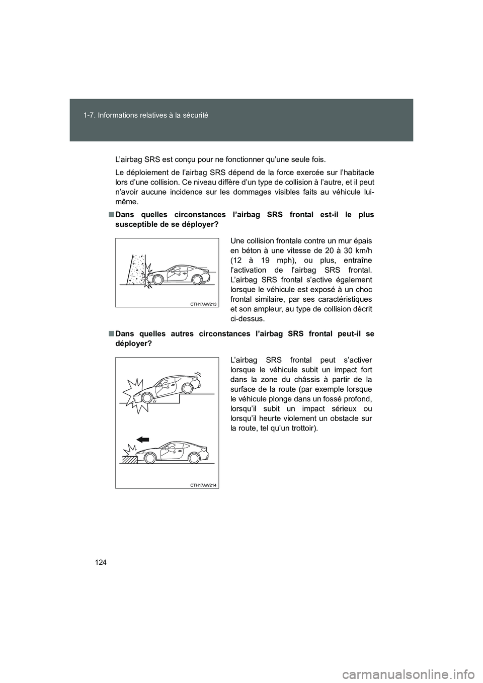TOYOTA GT86 2016  Notices Demploi (in French) 124 1-7. Informations relatives à la sécurité
FT86_EK
L’airbag SRS est conçu pour ne fonctionner qu’une seule fois.
Le déploiement de l’airbag SRS dépend de la force exercée sur l’habit