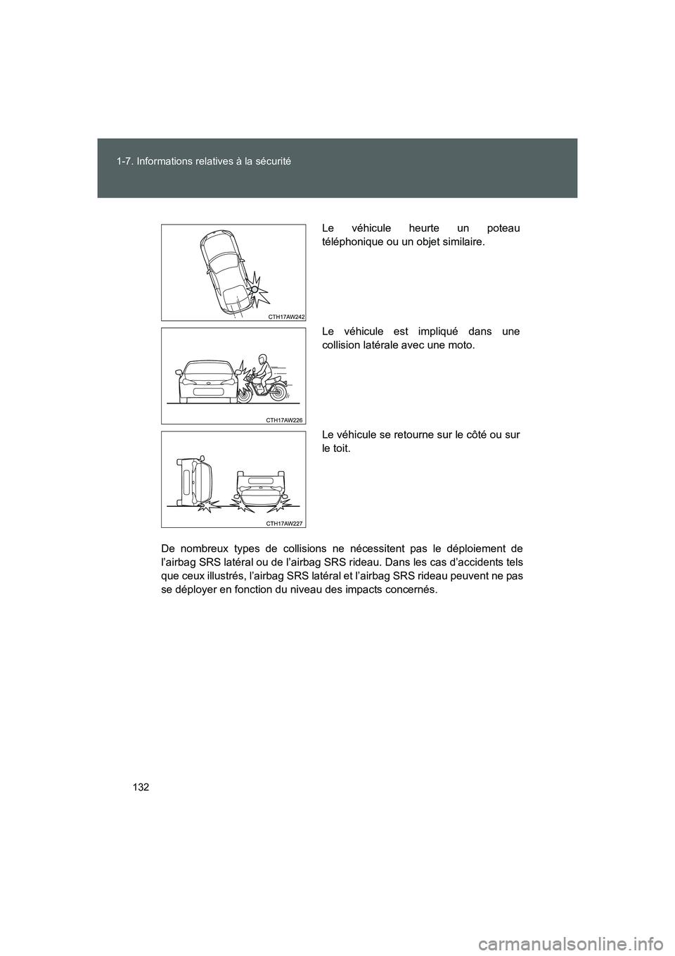 TOYOTA GT86 2016 Notices Demploi (in French) 132 1-7. Informations relatives à la sécurité
FT86_EK
De nombreux types de collisions ne nécessitent pas le déploiement de
l’airbag SRS latéral ou de l’airbag SRS rideau. Dans les cas d’ac TOYOTA GT86 2016 Notices Demploi (in French) 132 1-7. Informations relatives à la sécurité
FT86_EK
De nombreux types de collisions ne nécessitent pas le déploiement de
l’airbag SRS latéral ou de l’airbag SRS rideau. Dans les cas d’ac