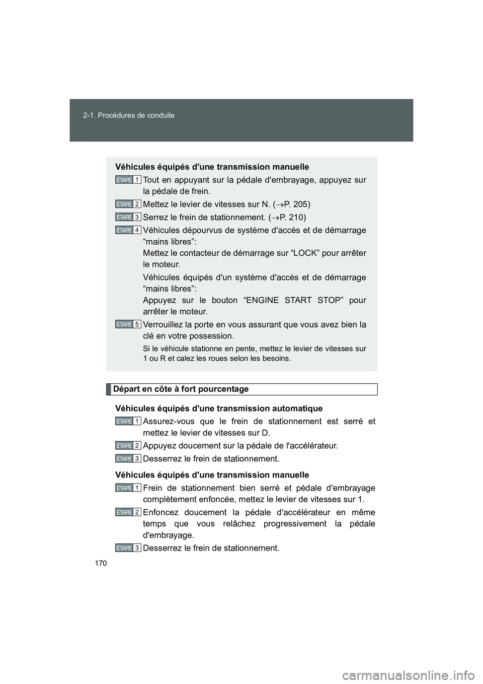 TOYOTA GT86 2016 Notices Demploi (in French) 170 2-1. Procédures de conduite
FT86_EK
Départ en côte à fort pourcentage
Véhicules équipés dune transmission automatique
Assurez-vous que le frein de stationnement est serré et
mettez le lev TOYOTA GT86 2016 Notices Demploi (in French) 170 2-1. Procédures de conduite
FT86_EK
Départ en côte à fort pourcentage
Véhicules équipés dune transmission automatique
Assurez-vous que le frein de stationnement est serré et
mettez le lev
