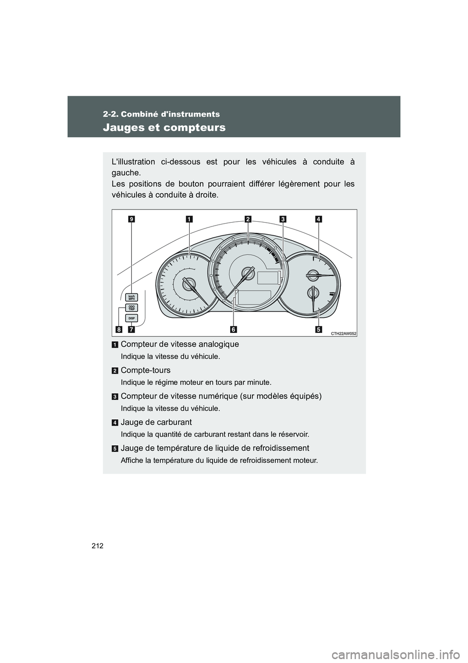 TOYOTA GT86 2016  Notices Demploi (in French) 212
FT86_EK
2-2. Combiné dinstruments
Jauges et compteurs
Lillustration ci-dessous est pour les véhicules à conduite à
gauche. 
Les positions de bouton pourraient différer légèrement pour les