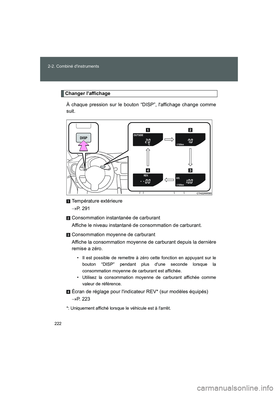 TOYOTA GT86 2016  Notices Demploi (in French) 222 2-2. Combiné dinstruments
FT86_EK
Changer laffichage
À chaque pression sur le bouton “DISP”, laffichage change comme
suit.
Température extérieure
→P.  2 9 1
Consommation instantanée 