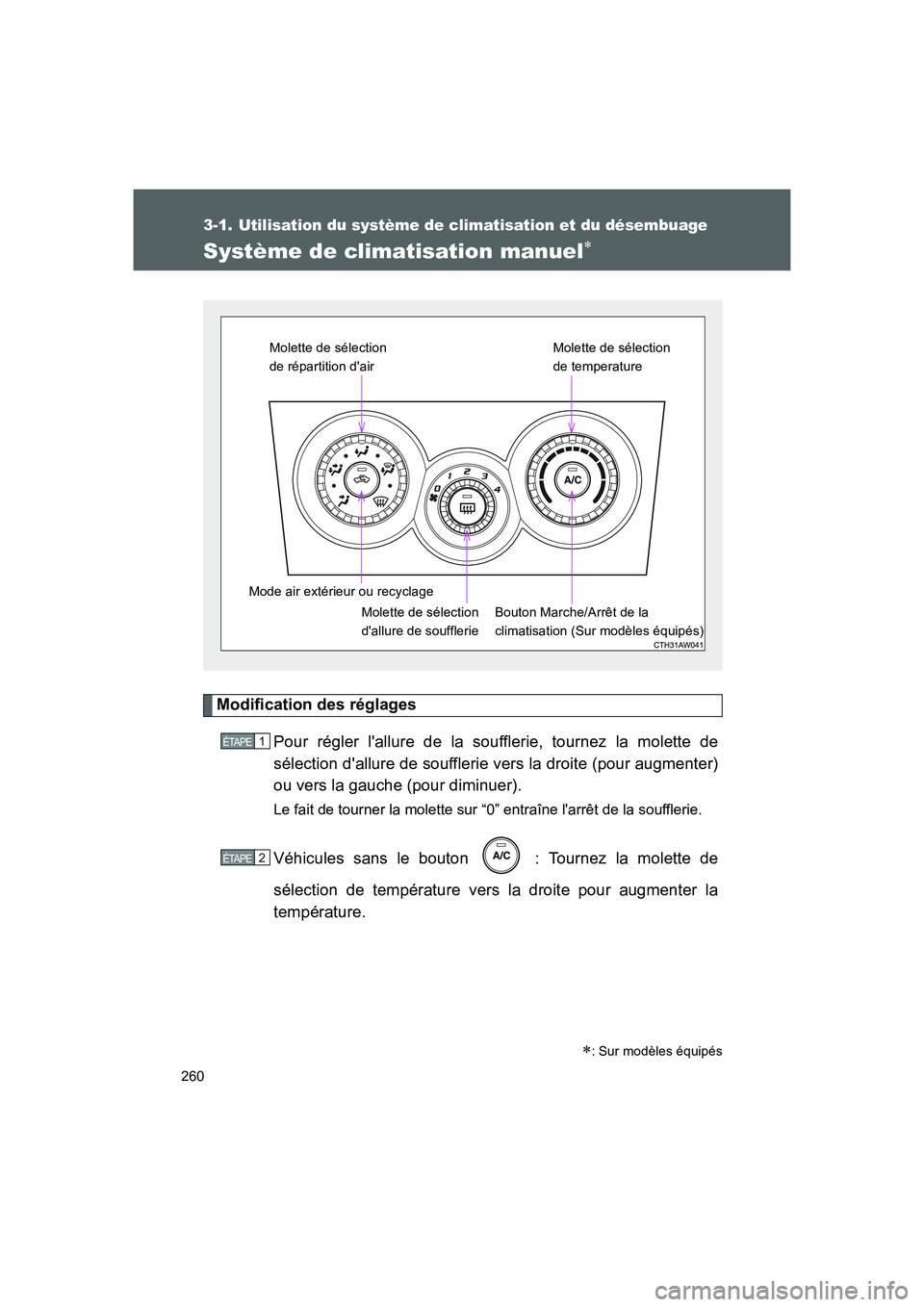 TOYOTA GT86 2016 Notices Demploi (in French) 260
FT86_EK
3-1. Utilisation du système de climatisation et du désembuage
Système de climatisation manuel∗
Modification des réglages
Pour régler lallure de la soufflerie, tournez la molette de TOYOTA GT86 2016 Notices Demploi (in French) 260
FT86_EK
3-1. Utilisation du système de climatisation et du désembuage
Système de climatisation manuel∗
Modification des réglages
Pour régler lallure de la soufflerie, tournez la molette de