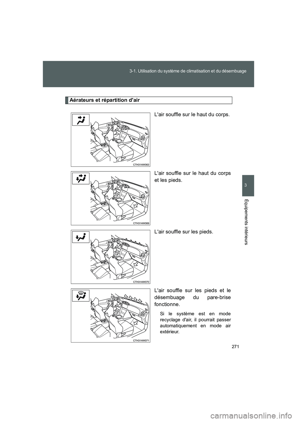 TOYOTA GT86 2016 Notices Demploi (in French) 271
3-1. Utilisation du système de climatisation et du désembuage
3
Équipements intérieurs
FT86_EK
Aérateurs et répartition dair
Lair souffle sur le haut du corps.
Lair souffle sur le haut du TOYOTA GT86 2016 Notices Demploi (in French) 271
3-1. Utilisation du système de climatisation et du désembuage
3
Équipements intérieurs
FT86_EK
Aérateurs et répartition dair
Lair souffle sur le haut du corps.
Lair souffle sur le haut du