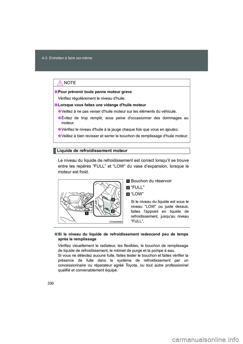 TOYOTA GT86 2016 Notices Demploi (in French) 330 4-3. Entretien à faire soi-même
FT86_EK
Liquide de refroidissement moteur
Le niveau du liquide de refroidissement est correct lorsqu’il se trouve
entre les repères “FULL” et “LOW” du TOYOTA GT86 2016 Notices Demploi (in French) 330 4-3. Entretien à faire soi-même
FT86_EK
Liquide de refroidissement moteur
Le niveau du liquide de refroidissement est correct lorsqu’il se trouve
entre les repères “FULL” et “LOW” du