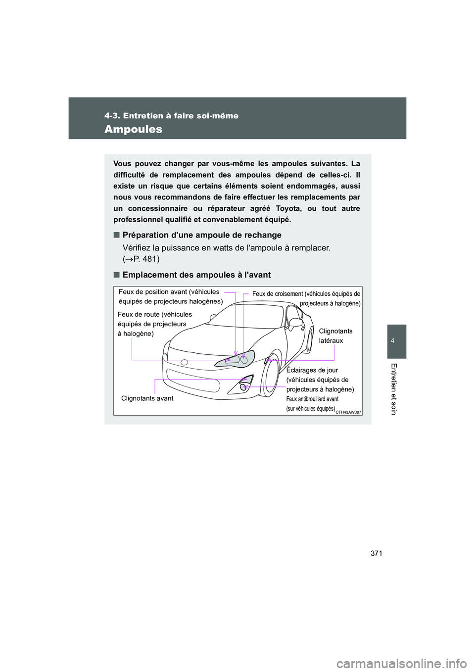 TOYOTA GT86 2016  Notices Demploi (in French) 371
4-3. Entretien à faire soi-même
4
Entretien et soin
FT86_EK
Ampoules
Vous pouvez changer par vous-même les ampoules suivantes. La
difficulté de remplacement des ampoules dépend de celles-ci. 