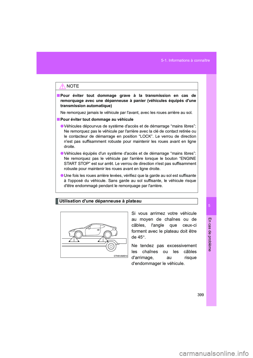 TOYOTA GT86 2016 Notices Demploi (in French) 5
399 5-1. Informations à connaître
En cas de problème
FT86_EK
Utilisation dune dépanneuse à plateau
Si vous arrimez votre véhicule
au moyen de chaînes ou de
câbles, langle que ceux-ci
forme TOYOTA GT86 2016 Notices Demploi (in French) 5
399 5-1. Informations à connaître
En cas de problème
FT86_EK
Utilisation dune dépanneuse à plateau
Si vous arrimez votre véhicule
au moyen de chaînes ou de
câbles, langle que ceux-ci
forme