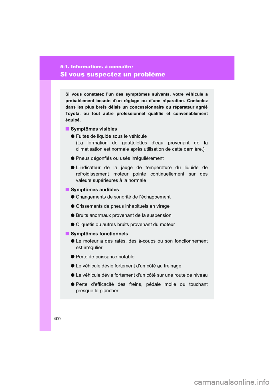 TOYOTA GT86 2016 Notices Demploi (in French) 400
5-1. Informations à connaître
FT86_EK
Si vous suspectez un problème
Si vous constatez lun des symptômes suivants, votre véhicule a
probablement besoin dun réglage ou dune réparation. Con TOYOTA GT86 2016 Notices Demploi (in French) 400
5-1. Informations à connaître
FT86_EK
Si vous suspectez un problème
Si vous constatez lun des symptômes suivants, votre véhicule a
probablement besoin dun réglage ou dune réparation. Con