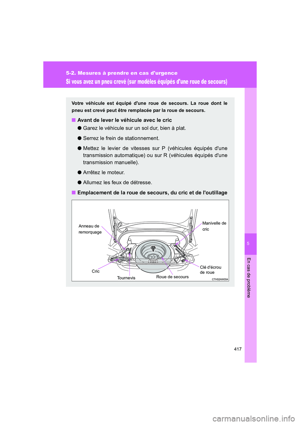 TOYOTA GT86 2016 Notices Demploi (in French) 5
417
5-2. Mesures à prendre en cas durgence
En cas de problème
FT86_EK
Si vous avez un pneu crevé (sur modèles équipés dune roue de secours)
Votre véhicule est équipé dune roue de secours TOYOTA GT86 2016 Notices Demploi (in French) 5
417
5-2. Mesures à prendre en cas durgence
En cas de problème
FT86_EK
Si vous avez un pneu crevé (sur modèles équipés dune roue de secours)
Votre véhicule est équipé dune roue de secours