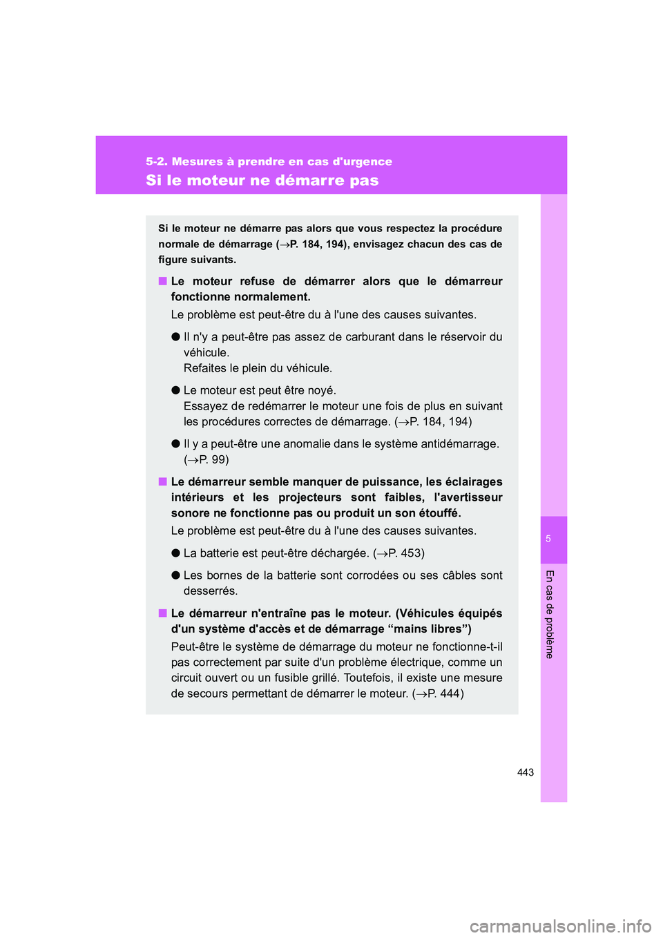 TOYOTA GT86 2016 Notices Demploi (in French) 5
443
5-2. Mesures à prendre en cas durgence
En cas de problème
FT86_EK
Si le moteur ne démarre pas
Si le moteur ne démarre pas alors que vous respectez la procédure
normale de démarrage (→P. TOYOTA GT86 2016 Notices Demploi (in French) 5
443
5-2. Mesures à prendre en cas durgence
En cas de problème
FT86_EK
Si le moteur ne démarre pas
Si le moteur ne démarre pas alors que vous respectez la procédure
normale de démarrage (→P.