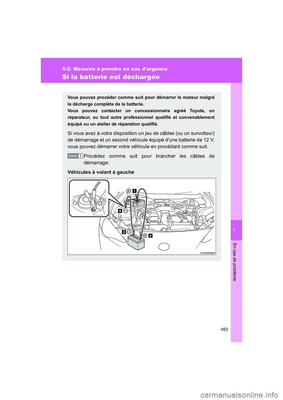TOYOTA GT86 2016 Notices Demploi (in French) 5
453
5-2. Mesures à prendre en cas durgence
En cas de problème
FT86_EK
Si la batterie est déchargée
Vous pouvez procéder comme suit pour démarrer le moteur malgré
la décharge complète de la TOYOTA GT86 2016 Notices Demploi (in French) 5
453
5-2. Mesures à prendre en cas durgence
En cas de problème
FT86_EK
Si la batterie est déchargée
Vous pouvez procéder comme suit pour démarrer le moteur malgré
la décharge complète de la