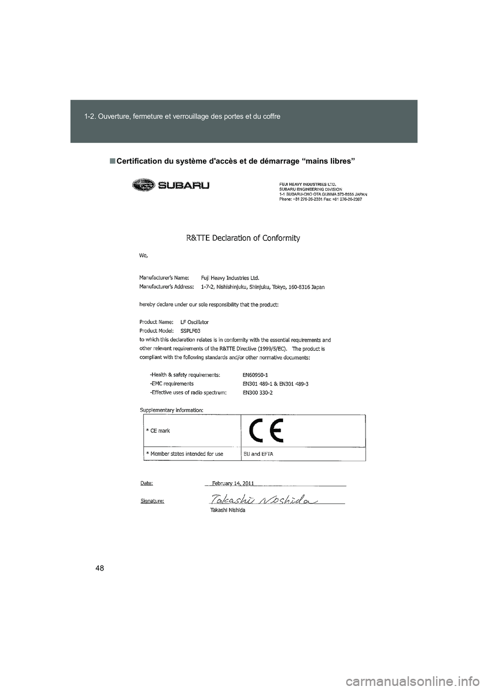 TOYOTA GT86 2016 Notices Demploi (in French) 48
1-2. Ouverture, fermeture et verrouillage des portes et du coffre
FT86_EK
■Certification du système daccès et de démarrage “mains libres”
86_OM_EK_OM18060K.book 48 ページ 201 TOYOTA GT86 2016 Notices Demploi (in French) 48
1-2. Ouverture, fermeture et verrouillage des portes et du coffre
FT86_EK
■Certification du système daccès et de démarrage “mains libres”
86_OM_EK_OM18060K.book 48 ページ 201