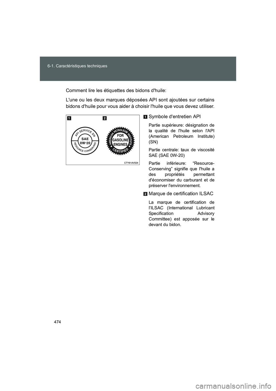 TOYOTA GT86 2016 Notices Demploi (in French) 474 6-1. Caractéristiques techniques
FT86_EKComment lire les étiquettes des bidons dhuile:
Lune ou les deux marques déposées API sont ajoutées sur certains
bidons dhuile pour vous aider à cho TOYOTA GT86 2016 Notices Demploi (in French) 474 6-1. Caractéristiques techniques
FT86_EKComment lire les étiquettes des bidons dhuile:
Lune ou les deux marques déposées API sont ajoutées sur certains
bidons dhuile pour vous aider à cho