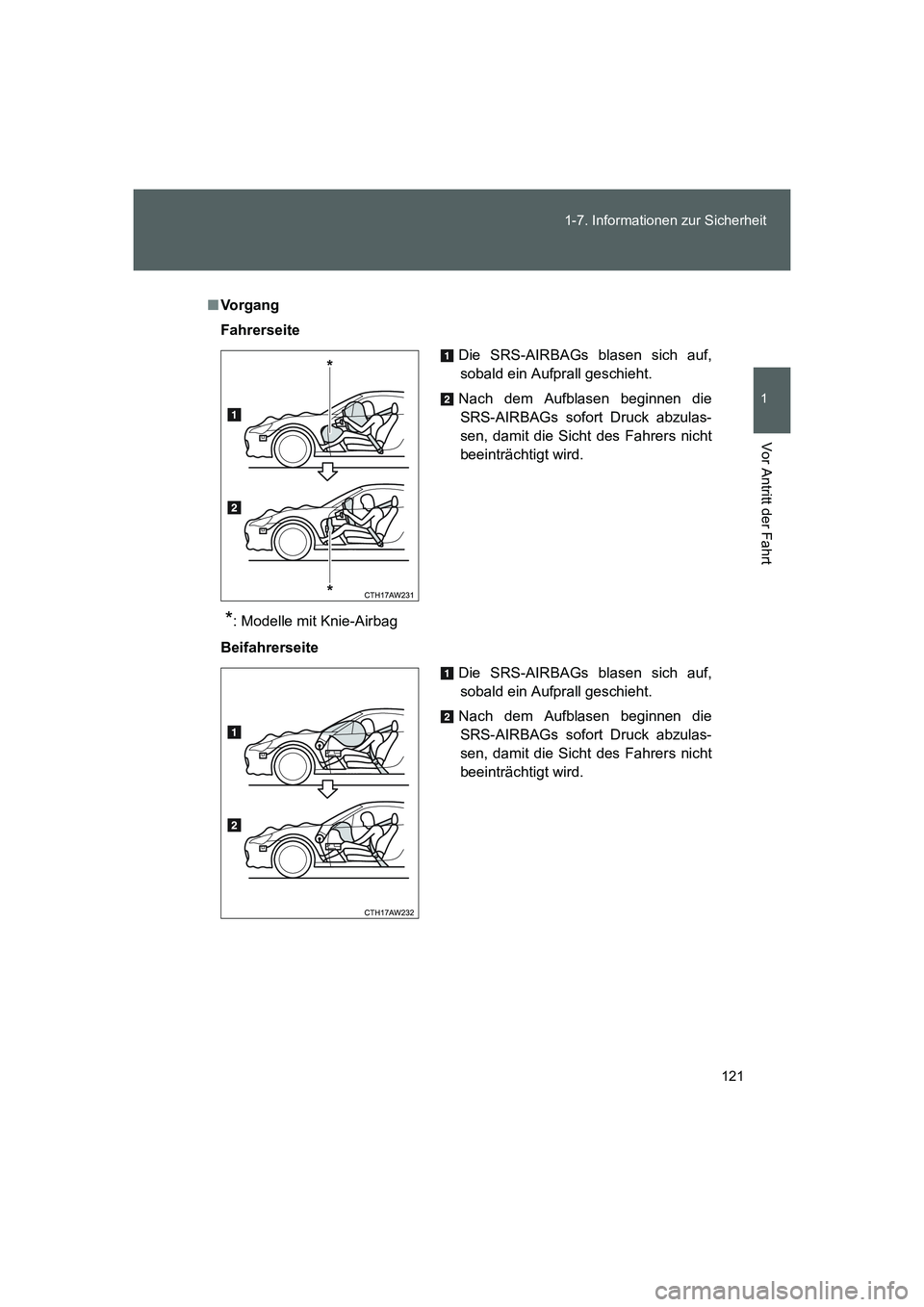 TOYOTA GT86 2016 Betriebsanleitungen (in German) 121 1-7. Informationen zur Sicherheit
1
Vor Antritt der Fahrt
FT86_EM
■Vo r g a n g
Fahrerseite
*: Modelle mit Knie-Airbag
BeifahrerseiteDie SRS-AIRBAGs blasen sich auf,
sobald ein Aufprall geschieh TOYOTA GT86 2016 Betriebsanleitungen (in German) 121 1-7. Informationen zur Sicherheit
1
Vor Antritt der Fahrt
FT86_EM
■Vo r g a n g
Fahrerseite
*: Modelle mit Knie-Airbag
BeifahrerseiteDie SRS-AIRBAGs blasen sich auf,
sobald ein Aufprall geschieh
