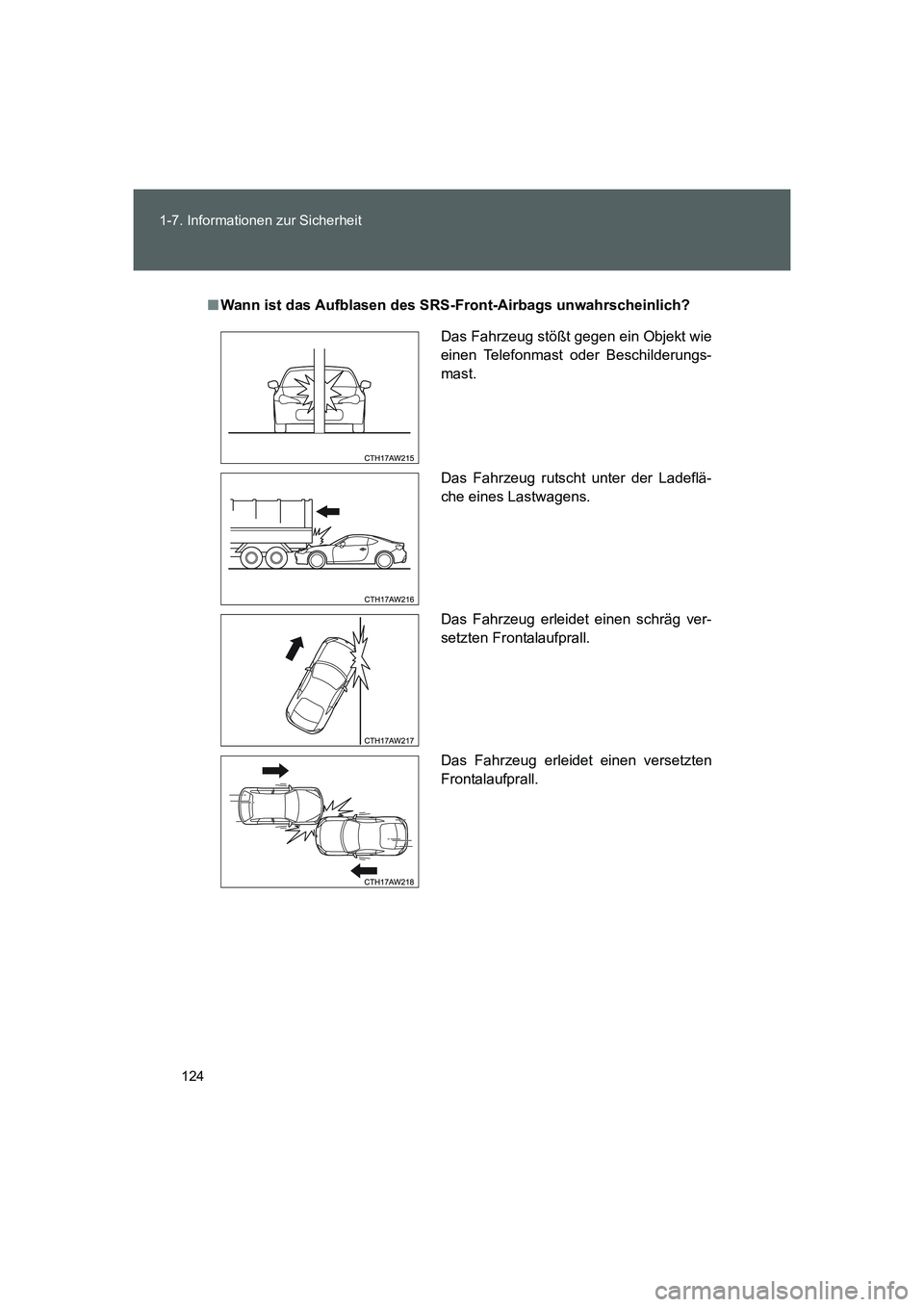 TOYOTA GT86 2016 Betriebsanleitungen (in German) 124 1-7. Informationen zur Sicherheit
FT86_EM
■Wann ist das Aufblasen des SRS-Front-Airbags unwahrscheinlich?
Das Fahrzeug stößt gegen ein Objekt wie
einen Telefonmast oder Beschilderungs-
mast.
D TOYOTA GT86 2016 Betriebsanleitungen (in German) 124 1-7. Informationen zur Sicherheit
FT86_EM
■Wann ist das Aufblasen des SRS-Front-Airbags unwahrscheinlich?
Das Fahrzeug stößt gegen ein Objekt wie
einen Telefonmast oder Beschilderungs-
mast.
D