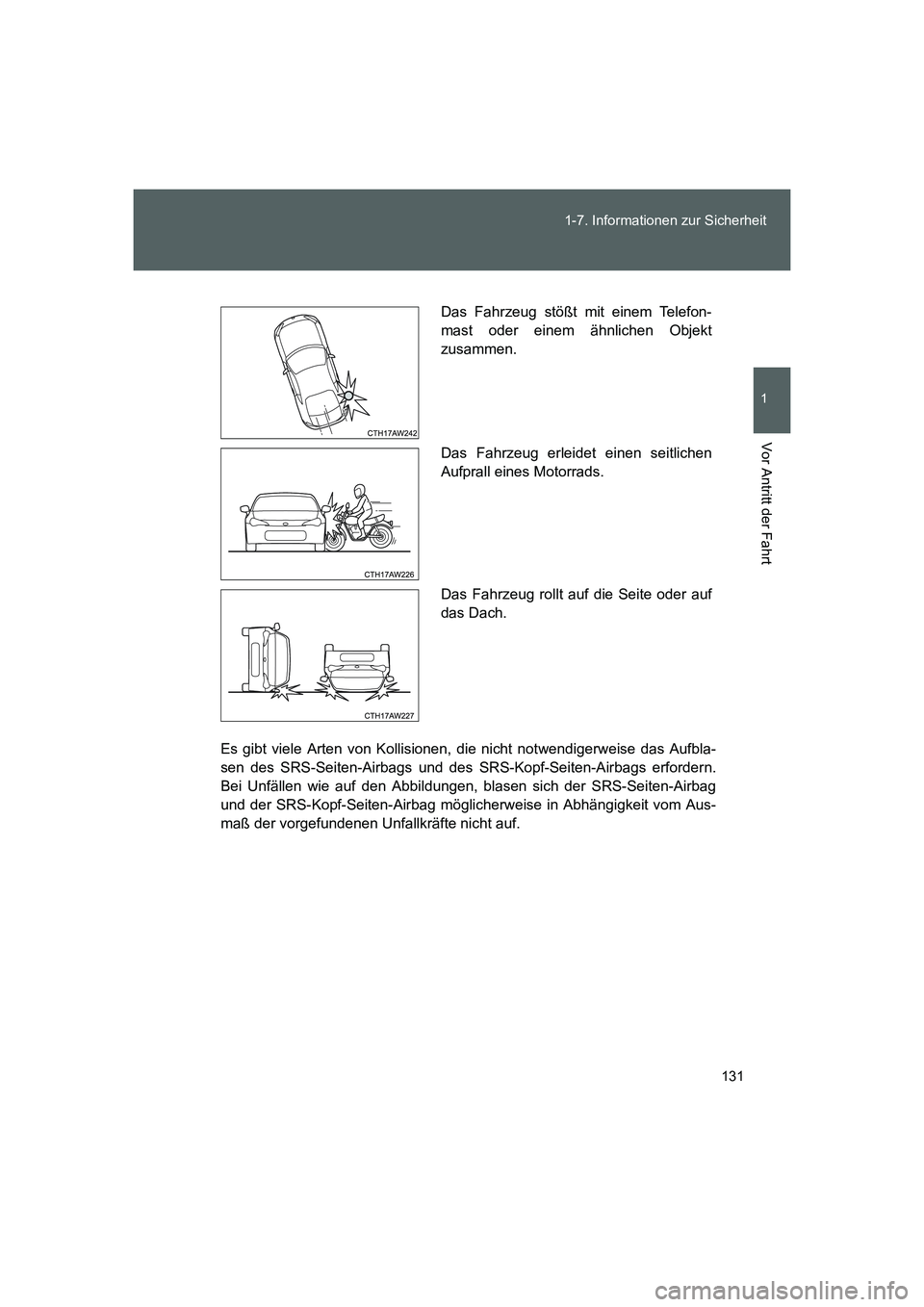 TOYOTA GT86 2016 Betriebsanleitungen (in German) 131 1-7. Informationen zur Sicherheit
1
Vor Antritt der Fahrt
FT86_EM
Es gibt viele Arten von Kollisionen, die nicht notwendigerweise das Aufbla-
sen des SRS-Seiten-Airbags und des SRS-Kopf-Seiten-Air TOYOTA GT86 2016 Betriebsanleitungen (in German) 131 1-7. Informationen zur Sicherheit
1
Vor Antritt der Fahrt
FT86_EM
Es gibt viele Arten von Kollisionen, die nicht notwendigerweise das Aufbla-
sen des SRS-Seiten-Airbags und des SRS-Kopf-Seiten-Air