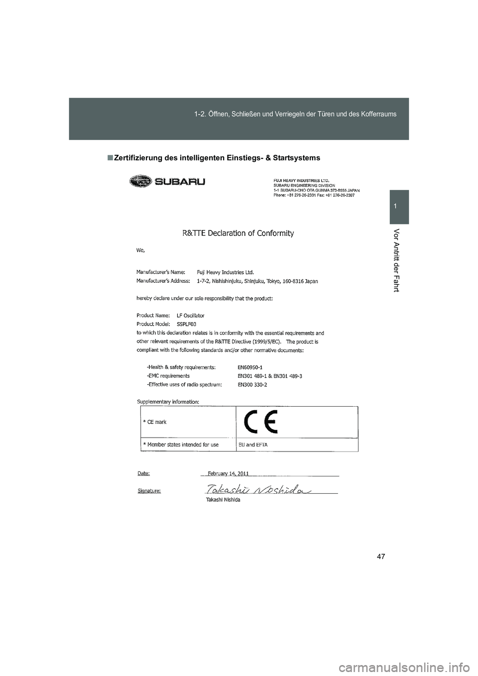 TOYOTA GT86 2016  Betriebsanleitungen (in German) 47 1-2. 
Öffnen, Schließen und Verriegeln der Türen und des Kofferraums
1
Vor Antritt der Fahrt
FT86_EM
■Zertifizierung des intelligenten Einstiegs- & Startsystems
86_OM_EM_OM18061M.book  47 ペ