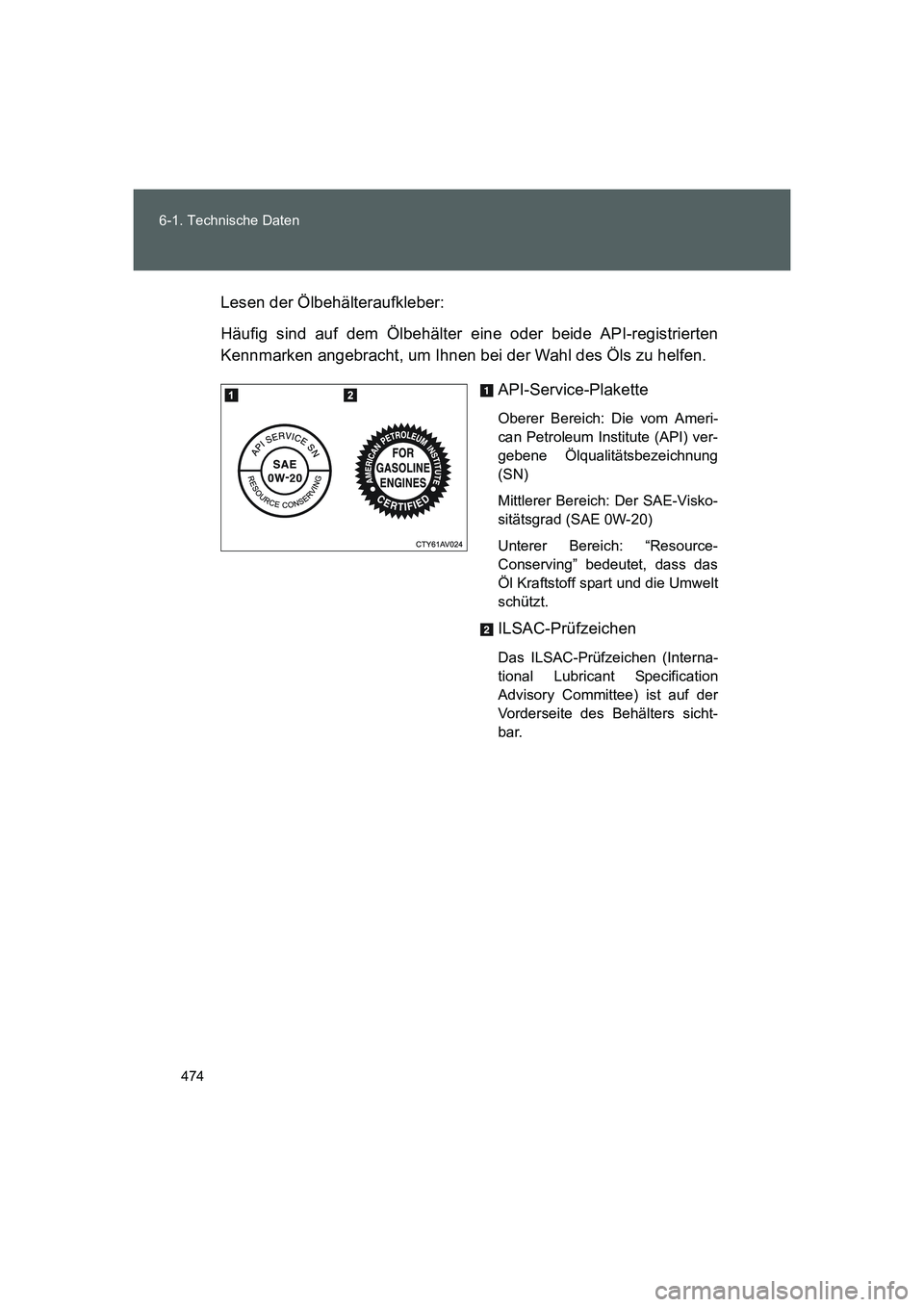 TOYOTA GT86 2016 Betriebsanleitungen (in German) 474 6-1. Technische Daten
FT86_EMLesen der Ölbehälteraufkleber:
Häufig sind auf dem Ölbehälter eine oder beide API-registrierten
Kennmarken angebracht, um Ihnen bei der Wahl des Öls zu helfen.
A TOYOTA GT86 2016 Betriebsanleitungen (in German) 474 6-1. Technische Daten
FT86_EMLesen der Ölbehälteraufkleber:
Häufig sind auf dem Ölbehälter eine oder beide API-registrierten
Kennmarken angebracht, um Ihnen bei der Wahl des Öls zu helfen.
A