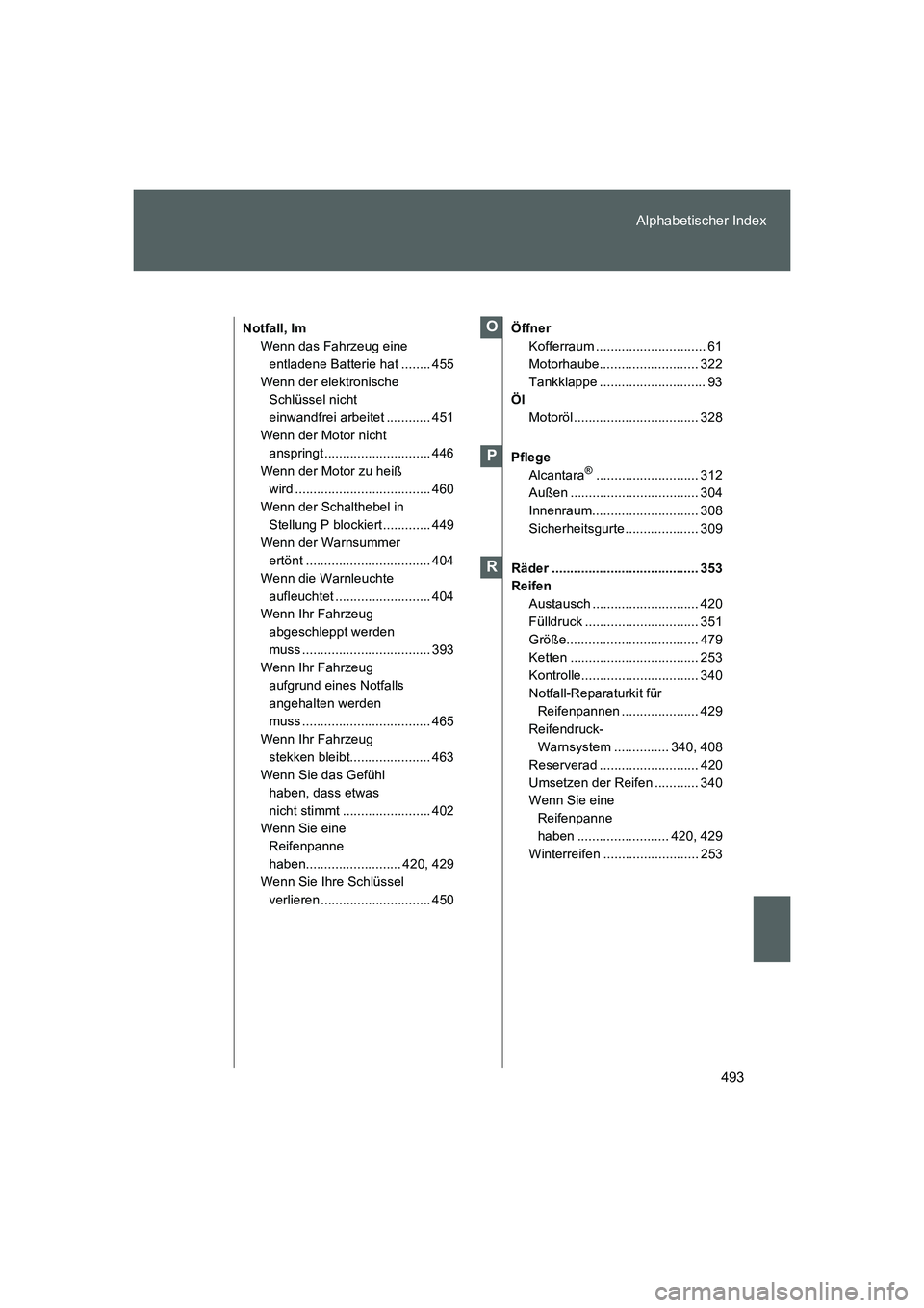 TOYOTA GT86 2016  Betriebsanleitungen (in German) 493 Alphabetischer Index
FT86_EM
Notfall, Im
Wenn das Fahrzeug eine 
entladene Batterie hat ........ 455
Wenn der elektronische 
Schlüssel nicht 
einwandfrei arbeitet ............ 451
Wenn der Motor 