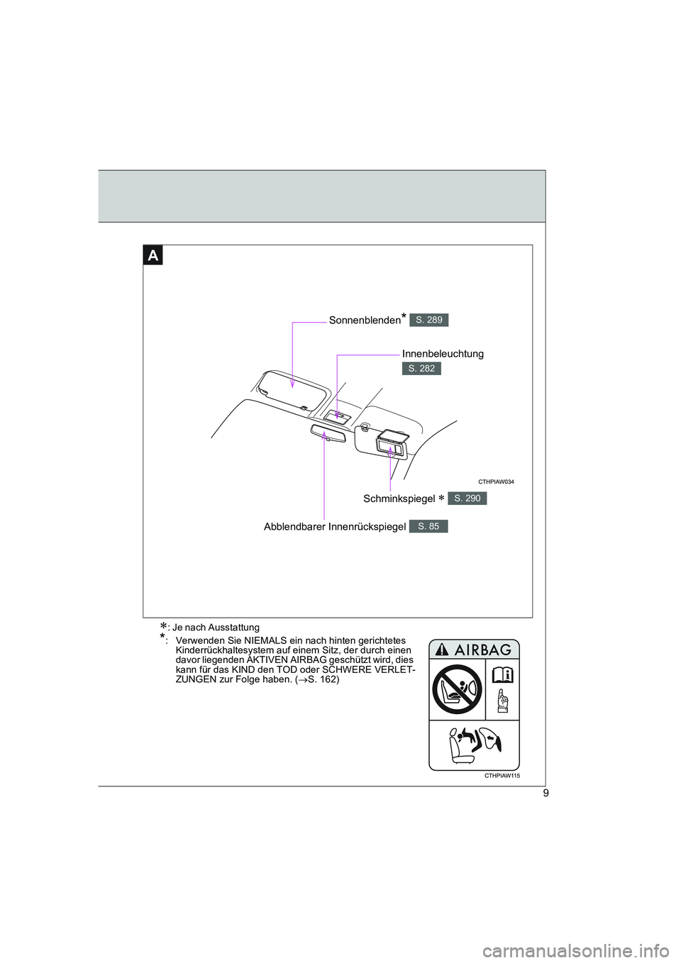 TOYOTA GT86 2016  Betriebsanleitungen (in German) FT86_EM
9
AA
Abblendbarer Innenrückspiegel S. 85
Innenbeleuchtung 
S. 282
Schminkspiegel ∗ S. 290
Sonnenblenden* S. 289
∗: Je nach Ausstattung
*: Verwenden Sie NIEMALS ein nach hinten gerichtetes