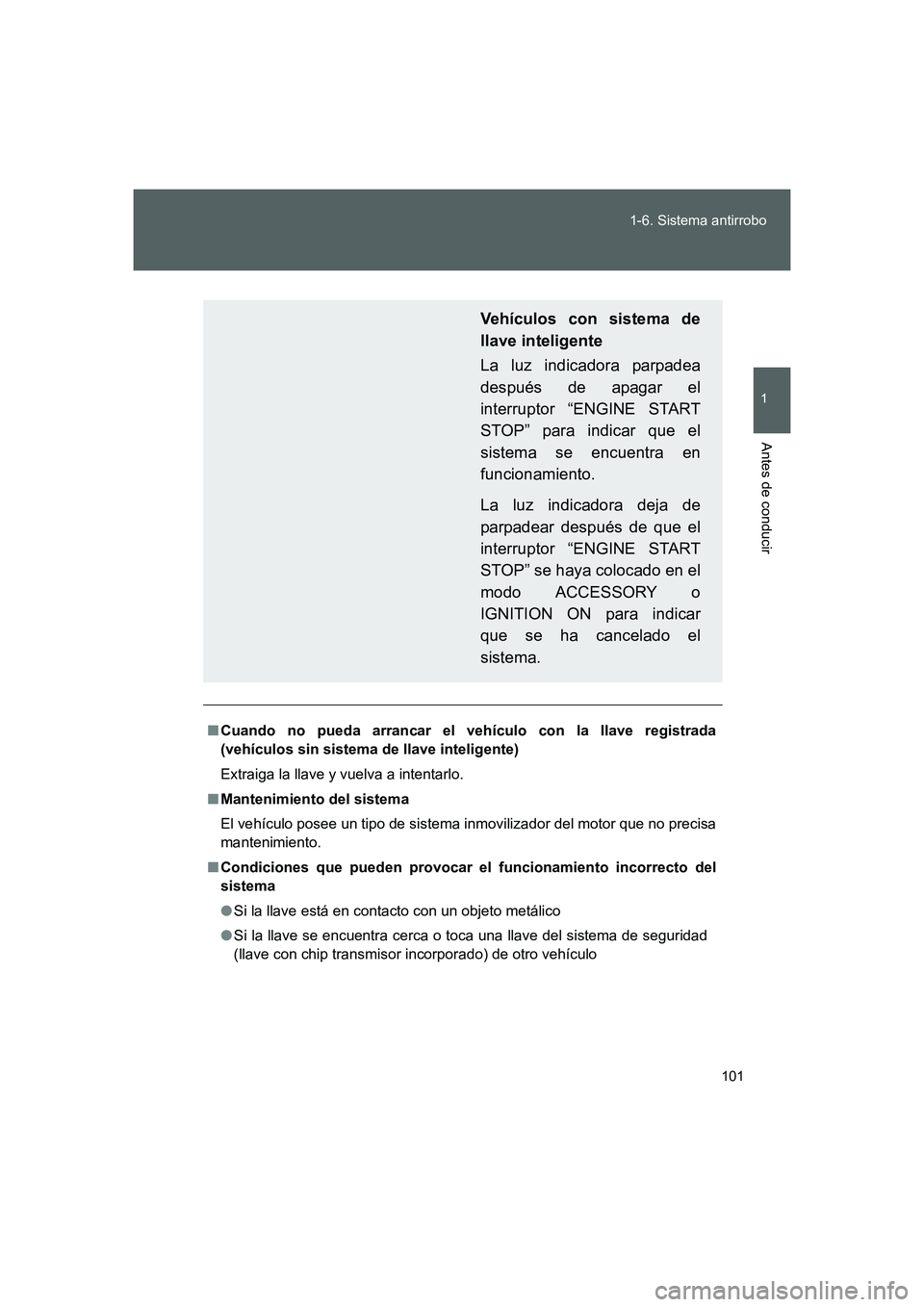 TOYOTA GT86 2016  Manuale de Empleo (in Spanish) 101 1-6. Sistema antirrobo
1
Antes de conducir
FT86_ES
■Cuando no pueda arrancar el vehículo con la llave registrada
(vehículos sin sistema de llave inteligente)
Extraiga la llave y vuelva a inten