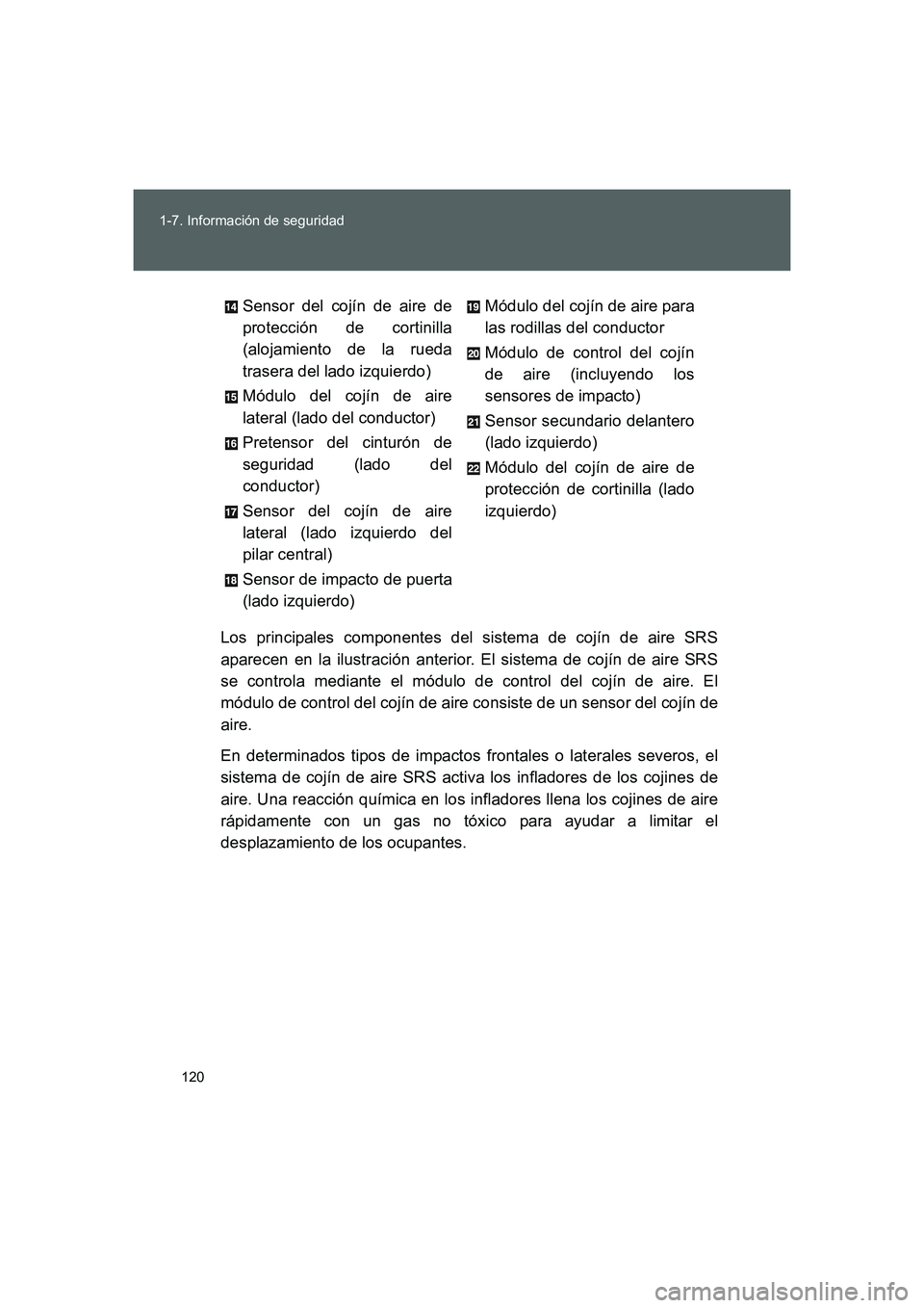TOYOTA GT86 2016 Manuale de Empleo (in Spanish) 120 1-7. Información de seguridad
FT86_ESLos principales componentes del sistema de cojín de aire SRS
aparecen en la ilustración anterior. El sistema de cojín de aire SRS
se controla mediante el m TOYOTA GT86 2016 Manuale de Empleo (in Spanish) 120 1-7. Información de seguridad
FT86_ESLos principales componentes del sistema de cojín de aire SRS
aparecen en la ilustración anterior. El sistema de cojín de aire SRS
se controla mediante el m