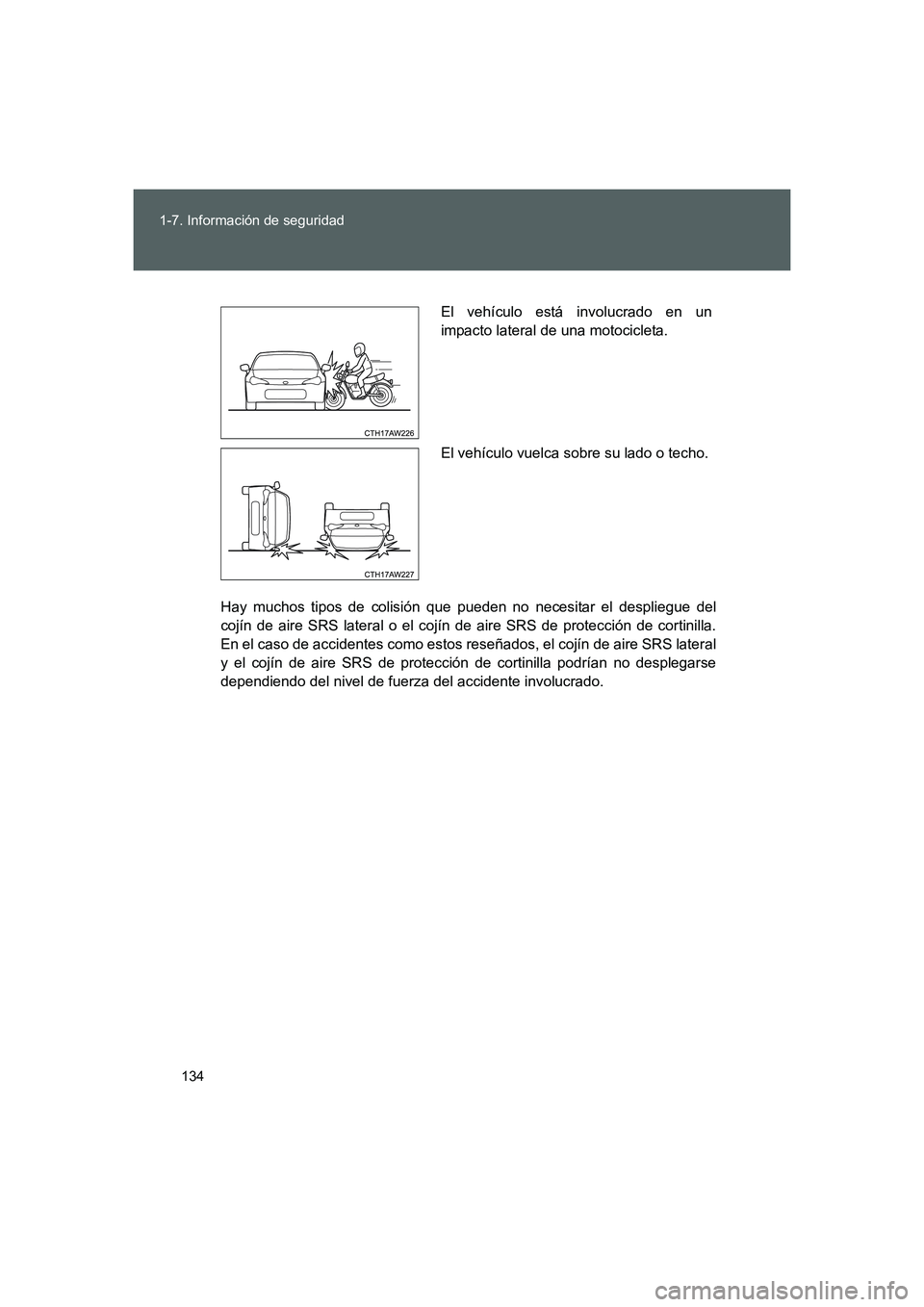 TOYOTA GT86 2016 Manuale de Empleo (in Spanish) 134 1-7. Información de seguridad
FT86_ES
Hay muchos tipos de colisión que pueden no necesitar el despliegue del
cojín de aire SRS lateral o el cojín de aire SRS de protección de cortinilla.
En e TOYOTA GT86 2016 Manuale de Empleo (in Spanish) 134 1-7. Información de seguridad
FT86_ES
Hay muchos tipos de colisión que pueden no necesitar el despliegue del
cojín de aire SRS lateral o el cojín de aire SRS de protección de cortinilla.
En e