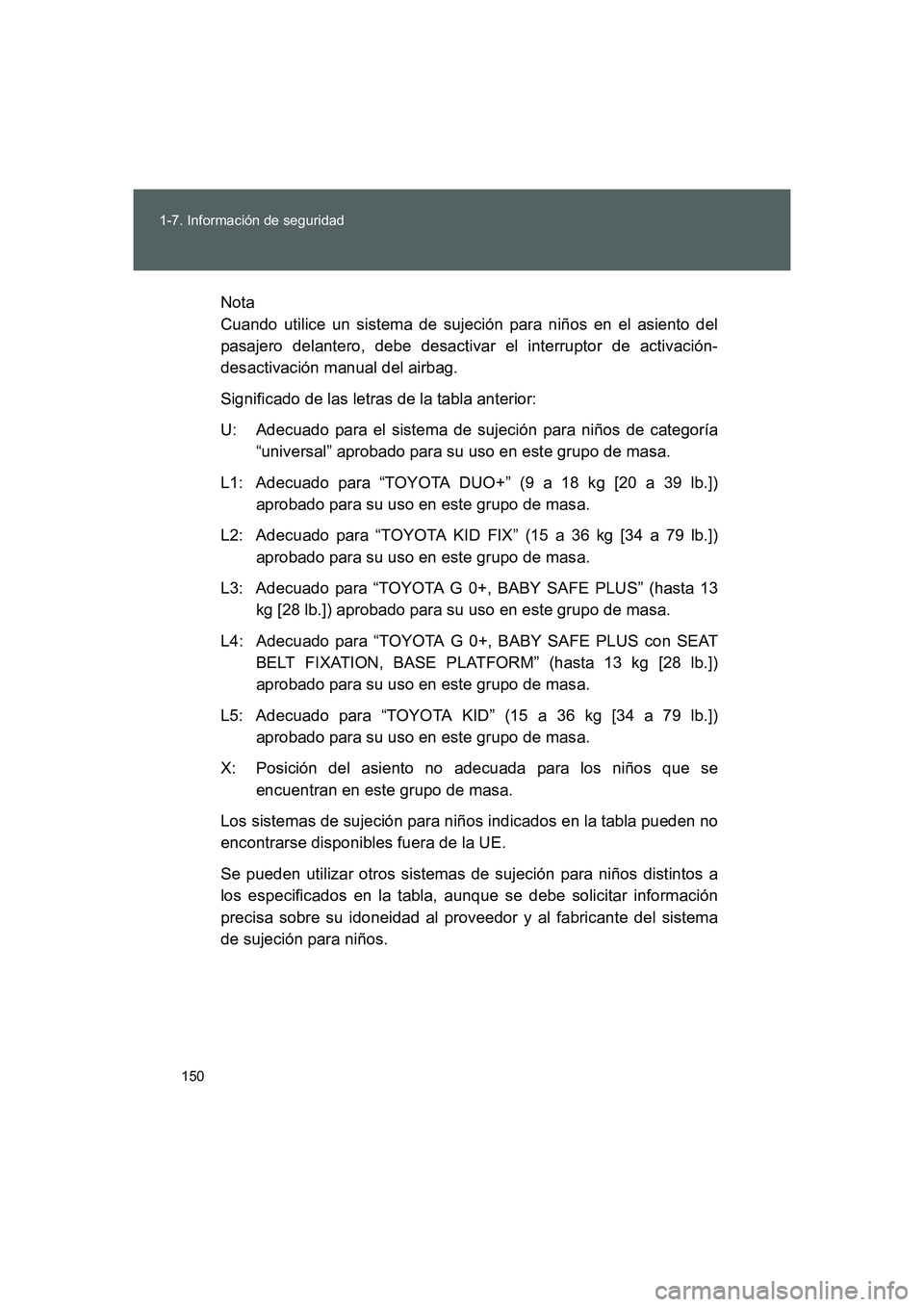 TOYOTA GT86 2016 Manuale de Empleo (in Spanish) 150 1-7. Información de seguridad
FT86_ESNota
Cuando utilice un sistema de sujeción para niños en el asiento del
pasajero delantero, debe desactivar el interruptor de activación-
desactivación ma TOYOTA GT86 2016 Manuale de Empleo (in Spanish) 150 1-7. Información de seguridad
FT86_ESNota
Cuando utilice un sistema de sujeción para niños en el asiento del
pasajero delantero, debe desactivar el interruptor de activación-
desactivación ma