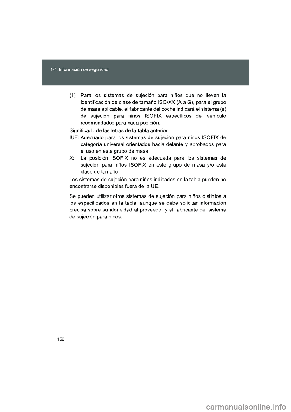 TOYOTA GT86 2016 Manuale de Empleo (in Spanish) 152 1-7. Información de seguridad
FT86_ES(1) Para los sistemas de sujeción para niños que no lleven la
identificación de clase de tamaño ISO/XX (A a G), para el grupo
de masa aplicable, el fabric TOYOTA GT86 2016 Manuale de Empleo (in Spanish) 152 1-7. Información de seguridad
FT86_ES(1) Para los sistemas de sujeción para niños que no lleven la
identificación de clase de tamaño ISO/XX (A a G), para el grupo
de masa aplicable, el fabric
