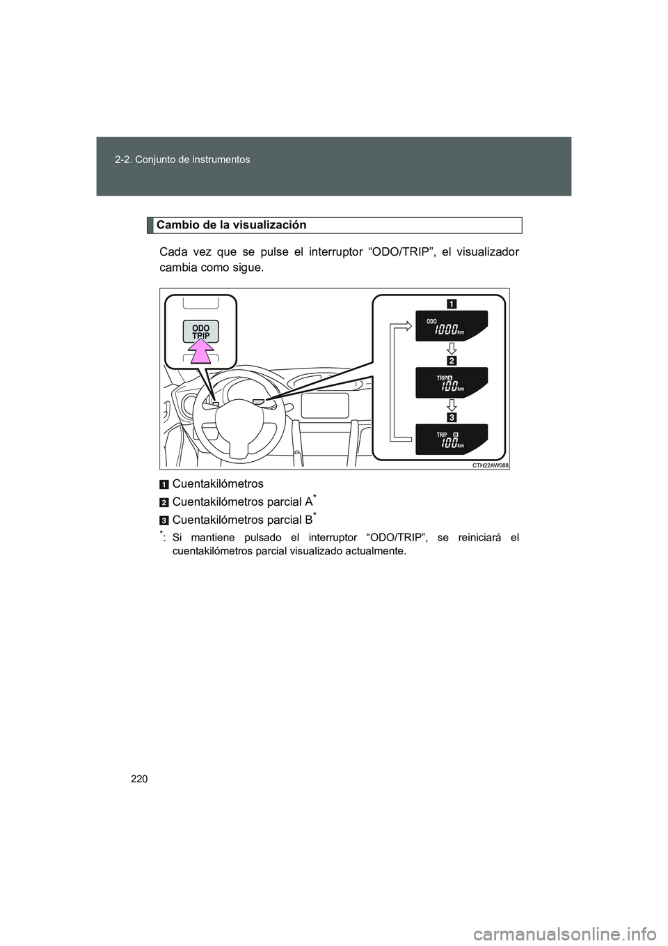 TOYOTA GT86 2016  Manuale de Empleo (in Spanish) 220 2-2. Conjunto de instrumentos
FT86_ES
Cambio de la visualización
Cada vez que se pulse el interruptor “ODO/TRIP”, el visualizador
cambia como sigue.
Cuentakilómetros
Cuentakilómetros parcia