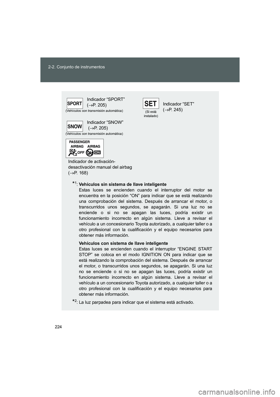 TOYOTA GT86 2016 Manuale de Empleo (in Spanish) 224 2-2. Conjunto de instrumentos
FT86_ES
*1:Vehículos sin sistema de llave inteligente
Estas luces se encienden cuando el interruptor del motor se
encuentra en la posición “ON” para indicar qu TOYOTA GT86 2016 Manuale de Empleo (in Spanish) 224 2-2. Conjunto de instrumentos
FT86_ES
*1:Vehículos sin sistema de llave inteligente
Estas luces se encienden cuando el interruptor del motor se
encuentra en la posición “ON” para indicar qu