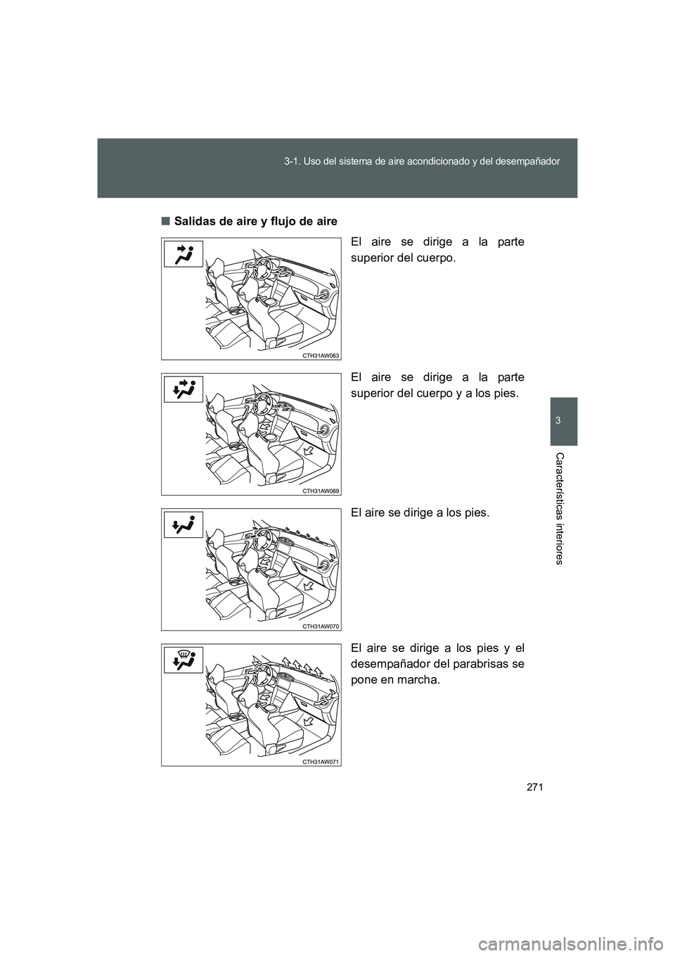 TOYOTA GT86 2016 Manuale de Empleo (in Spanish) 271
3-1. Uso del sistema de aire acondicionado y del desempañador
3
Características interiores
FT86_ES■Salidas de aire y flujo de aire
El aire se dirige a la parte
superior del cuerpo.
El aire se TOYOTA GT86 2016 Manuale de Empleo (in Spanish) 271
3-1. Uso del sistema de aire acondicionado y del desempañador
3
Características interiores
FT86_ES■Salidas de aire y flujo de aire
El aire se dirige a la parte
superior del cuerpo.
El aire se