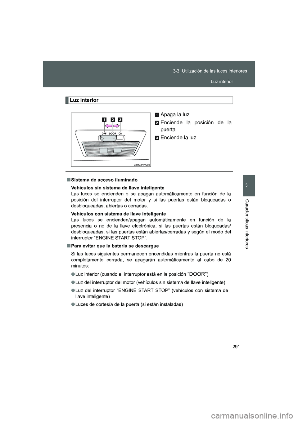 TOYOTA GT86 2016 Manuale de Empleo (in Spanish) 291 3-3. Utilización de las luces interiores
3
Características interiores
FT86_ES
Luz interior
Apaga la luz
Enciende la posición de la
puerta
Enciende la luz
■Sistema de acceso iluminado
Vehícul TOYOTA GT86 2016 Manuale de Empleo (in Spanish) 291 3-3. Utilización de las luces interiores
3
Características interiores
FT86_ES
Luz interior
Apaga la luz
Enciende la posición de la
puerta
Enciende la luz
■Sistema de acceso iluminado
Vehícul