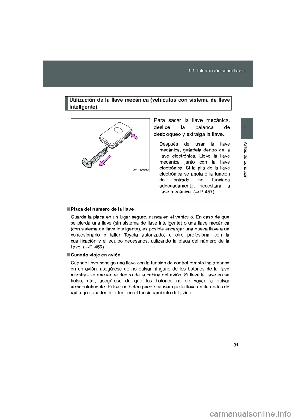 TOYOTA GT86 2016 Manuale de Empleo (in Spanish) 31 1-1. Información sobre llaves
1
Antes de conducir
FT86_ES
Utilización de la llave mecánica (vehículos con sistema de llave
inteligente)
Para sacar la llave mecánica,
deslice la palanca de
desb TOYOTA GT86 2016 Manuale de Empleo (in Spanish) 31 1-1. Información sobre llaves
1
Antes de conducir
FT86_ES
Utilización de la llave mecánica (vehículos con sistema de llave
inteligente)
Para sacar la llave mecánica,
deslice la palanca de
desb