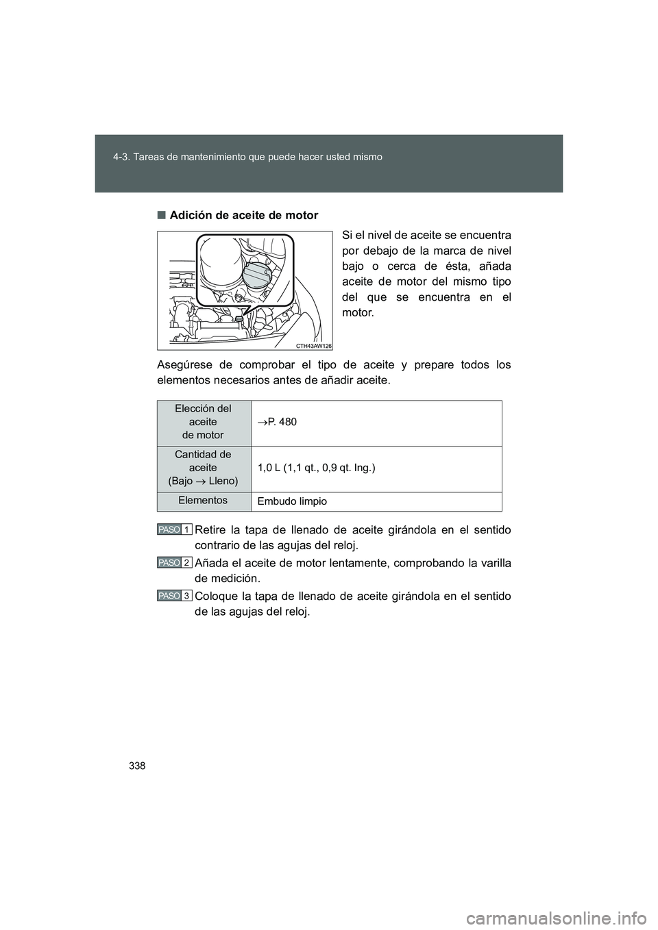 TOYOTA GT86 2016 Manuale de Empleo (in Spanish) 338 4-3. Tareas de mantenimiento que puede hacer usted mismo
FT86_ES■Adición de aceite de motor
Si el nivel de aceite se encuentra
por debajo de la marca de nivel
bajo o cerca de ésta, añada
acei TOYOTA GT86 2016 Manuale de Empleo (in Spanish) 338 4-3. Tareas de mantenimiento que puede hacer usted mismo
FT86_ES■Adición de aceite de motor
Si el nivel de aceite se encuentra
por debajo de la marca de nivel
bajo o cerca de ésta, añada
acei