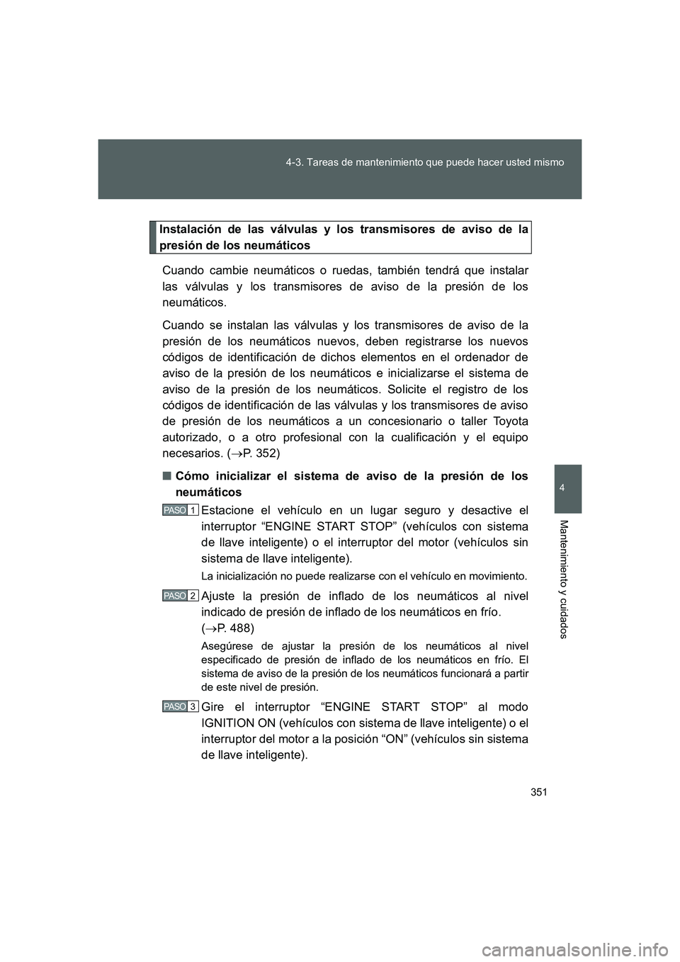TOYOTA GT86 2016 Manuale de Empleo (in Spanish) 351 4-3. Tareas de mantenimiento que puede hacer usted mismo
4
Mantenimiento y cuidados
FT86_ES
Instalación de las válvulas y los transmisores de aviso de la
presión de los neumáticos
Cuando cambi TOYOTA GT86 2016 Manuale de Empleo (in Spanish) 351 4-3. Tareas de mantenimiento que puede hacer usted mismo
4
Mantenimiento y cuidados
FT86_ES
Instalación de las válvulas y los transmisores de aviso de la
presión de los neumáticos
Cuando cambi