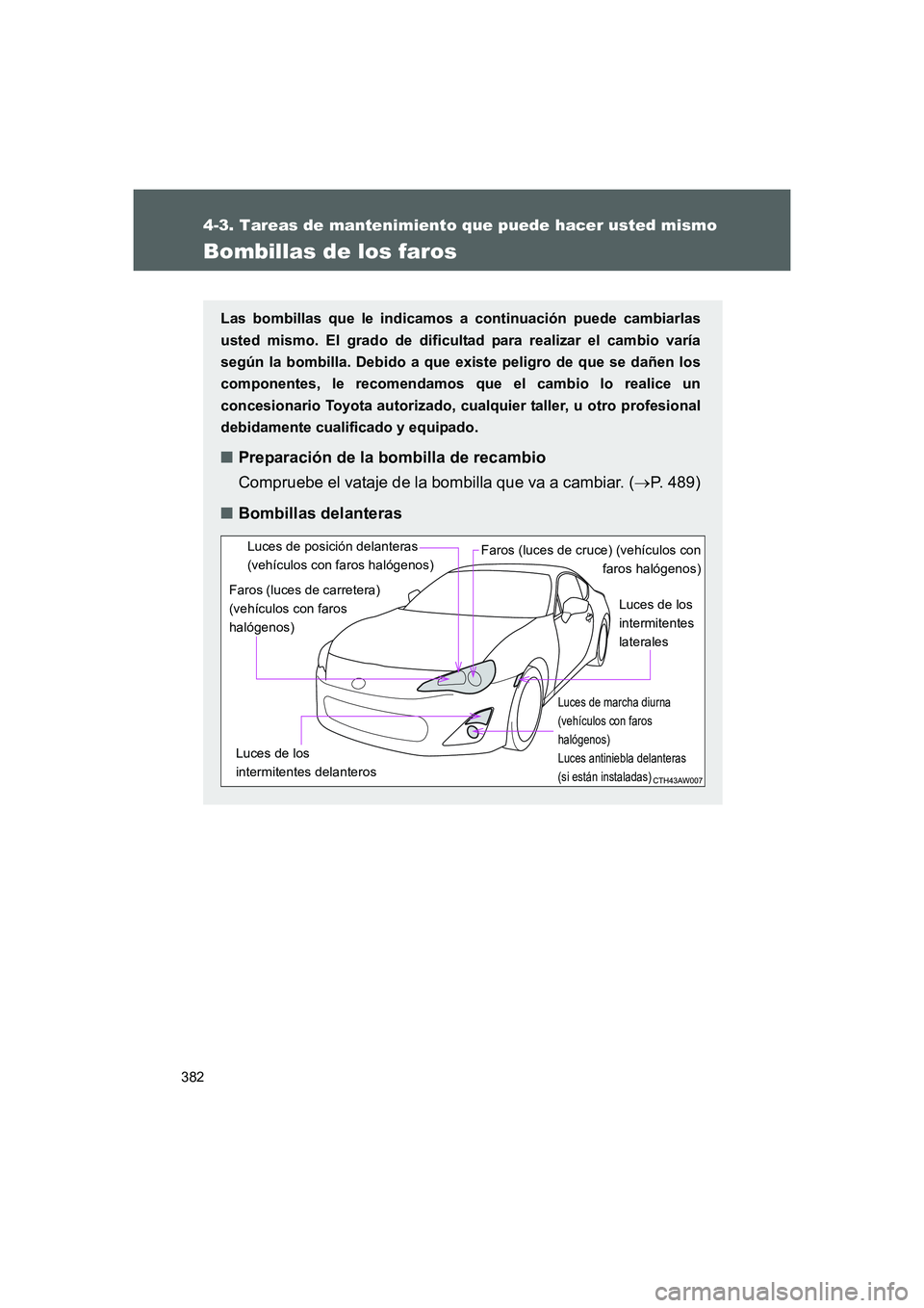 TOYOTA GT86 2016  Manuale de Empleo (in Spanish) 382
4-3. Tareas de mantenimiento que puede hacer usted mismo
FT86_ES
Bombillas de los faros
Las bombillas que le indicamos a continuación puede cambiarlas
usted mismo. El grado de dificultad para rea