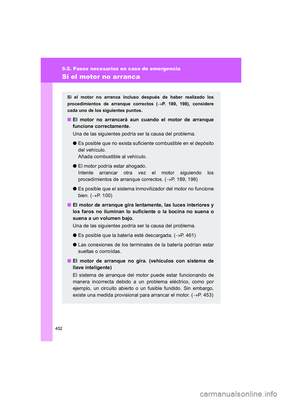TOYOTA GT86 2016 Manuale de Empleo (in Spanish) 452
5-2. Pasos necesarios en caso de emergencia
FT86_ES
Si el motor no arranca
Si el motor no arranca incluso después de haber realizado los
procedimientos de arranque correctos (→P. 189, 198), con TOYOTA GT86 2016 Manuale de Empleo (in Spanish) 452
5-2. Pasos necesarios en caso de emergencia
FT86_ES
Si el motor no arranca
Si el motor no arranca incluso después de haber realizado los
procedimientos de arranque correctos (→P. 189, 198), con