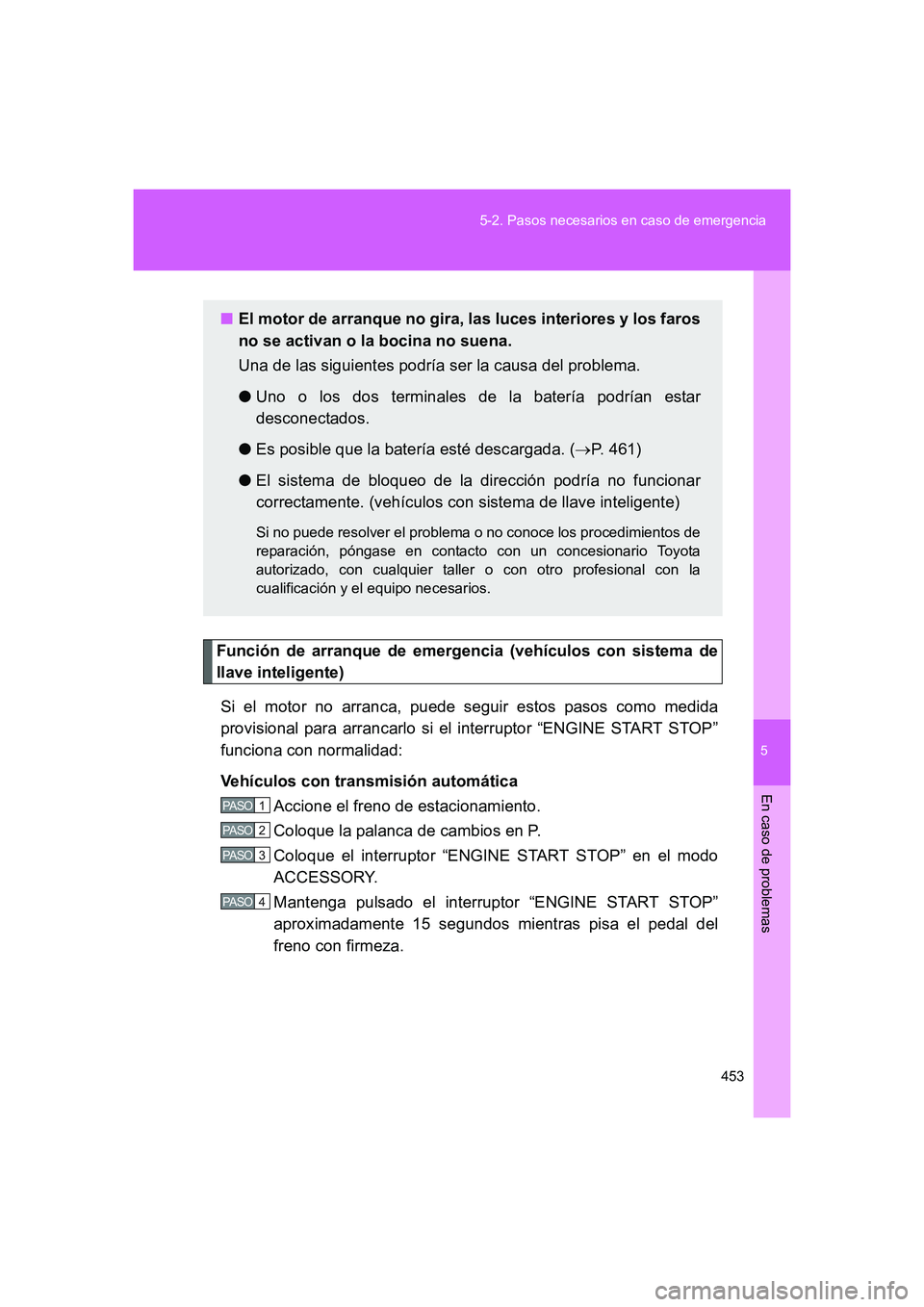 TOYOTA GT86 2016 Manuale de Empleo (in Spanish) 5
453 5-2. Pasos necesarios en caso de emergencia
En caso de problemas
FT86_ES
Función de arranque de emergencia (vehículos con sistema de
llave inteligente)
Si el motor no arranca, puede seguir est TOYOTA GT86 2016 Manuale de Empleo (in Spanish) 5
453 5-2. Pasos necesarios en caso de emergencia
En caso de problemas
FT86_ES
Función de arranque de emergencia (vehículos con sistema de
llave inteligente)
Si el motor no arranca, puede seguir est
