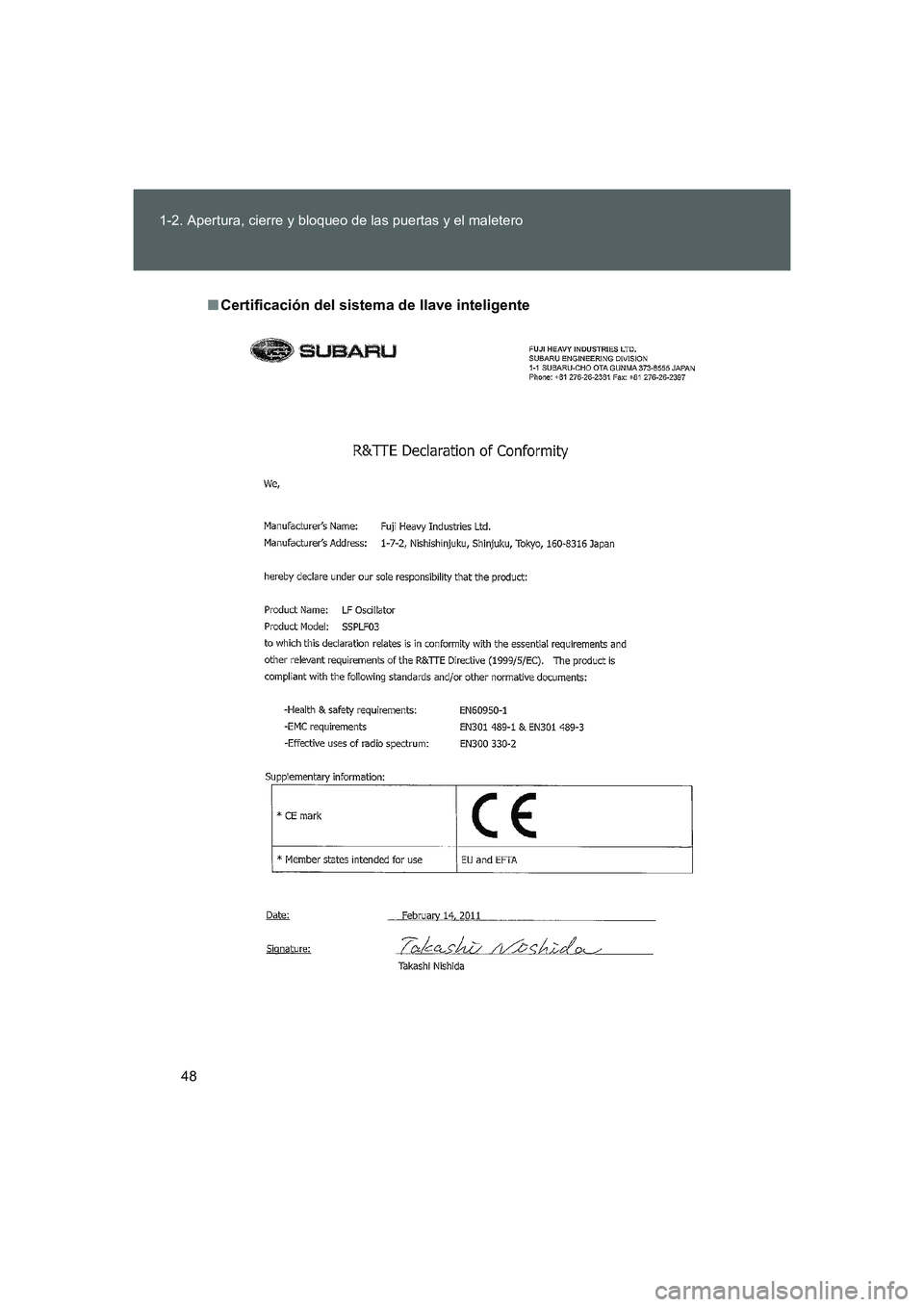 TOYOTA GT86 2016 Manuale de Empleo (in Spanish) 48 1-2. Apertura, cierre y bloqueo de las puertas y el maletero
FT86_ES
■Certificación del sistema de llave inteligente
86_OM_ES_OM18062S.book 48 ページ 2015年4月3日 金曜日 TOYOTA GT86 2016 Manuale de Empleo (in Spanish) 48 1-2. Apertura, cierre y bloqueo de las puertas y el maletero
FT86_ES
■Certificación del sistema de llave inteligente
86_OM_ES_OM18062S.book 48 ページ 2015年4月3日 金曜日