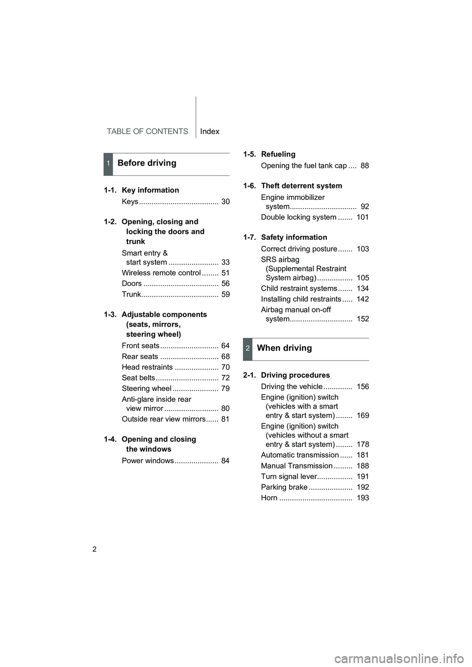 TOYOTA GT86 2016 Owners Manual (in English) TABLE OF CONTENTSIndex
FT86_EE
2
1-1. Key information
Keys ...................................... 30
1-2. Opening, closing and
locking the doors and
trunk
Smart entry &
start system .............. TOYOTA GT86 2016 Owners Manual (in English) TABLE OF CONTENTSIndex
FT86_EE
2
1-1. Key information
Keys ...................................... 30
1-2. Opening, closing and
locking the doors and
trunk
Smart entry &
start system ..............