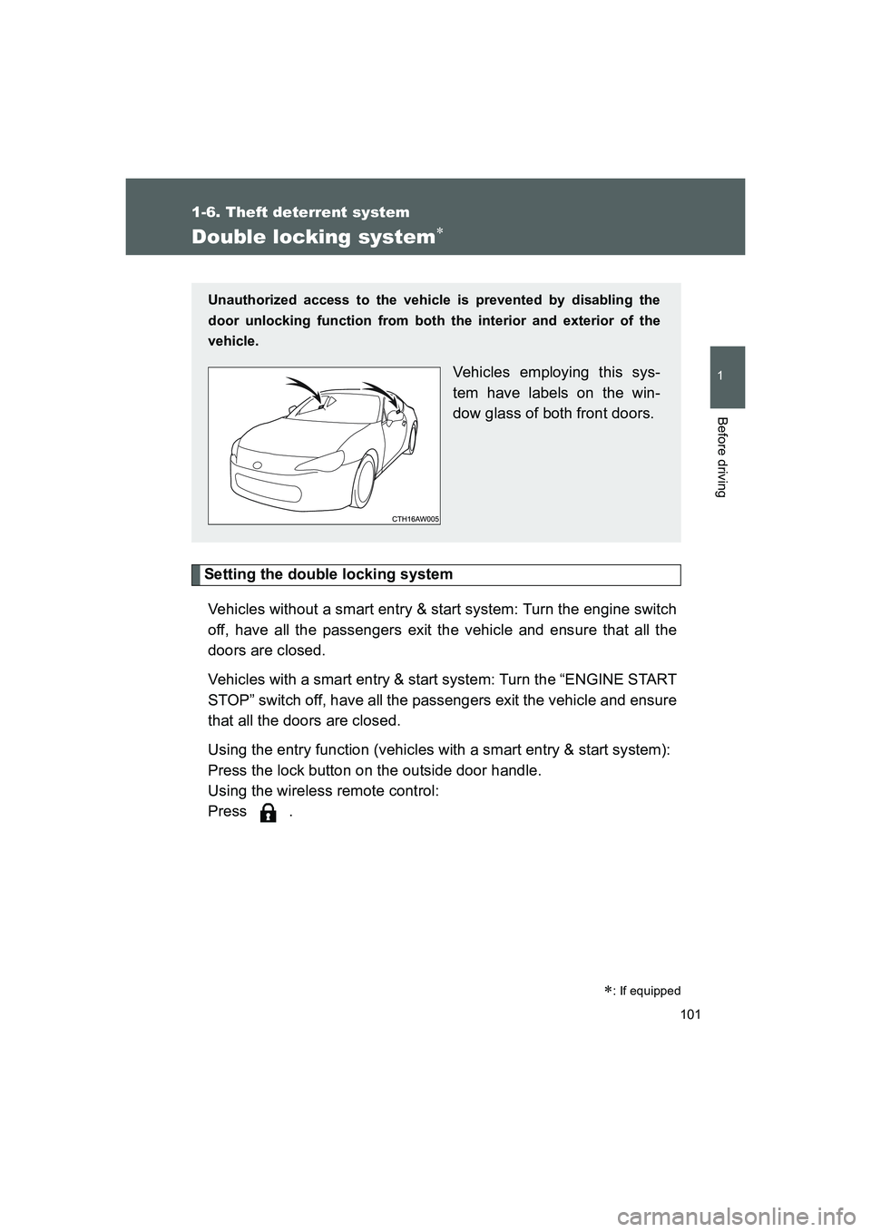 TOYOTA GT86 2016 Owners Manual (in English) 101
1
1-6. Theft deterrent system
Before driving
FT86_EE
Double locking system∗
Setting the double locking system
Vehicles without a smart entry & start system: Turn the engine switch
off, have all TOYOTA GT86 2016 Owners Manual (in English) 101
1
1-6. Theft deterrent system
Before driving
FT86_EE
Double locking system∗
Setting the double locking system
Vehicles without a smart entry & start system: Turn the engine switch
off, have all