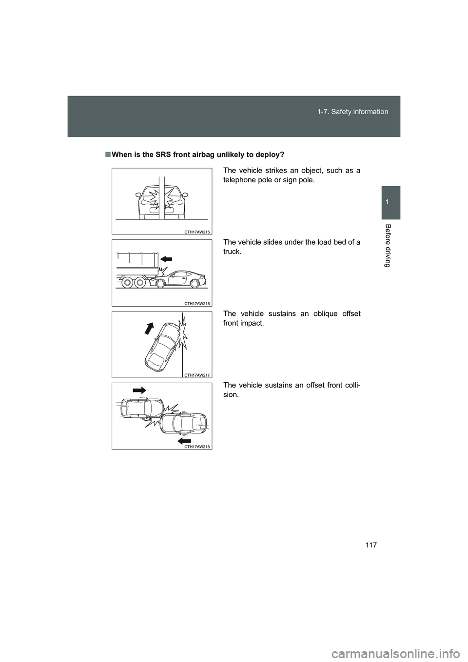 TOYOTA GT86 2016 Owners Manual (in English) 117 1-7. Safety information
1
Before driving
FT86_EE
■When is the SRS front airbag unlikely to deploy?
The vehicle strikes an object, such as a
telephone pole or sign pole.
The vehicle slides under TOYOTA GT86 2016 Owners Manual (in English) 117 1-7. Safety information
1
Before driving
FT86_EE
■When is the SRS front airbag unlikely to deploy?
The vehicle strikes an object, such as a
telephone pole or sign pole.
The vehicle slides under
