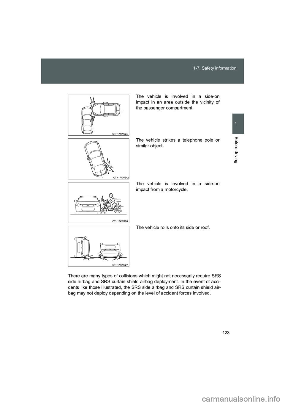 TOYOTA GT86 2016 Owners Manual (in English) 123 1-7. Safety information
1
Before driving
FT86_EE
There are many types of collisions which might not necessarily require SRS
side airbag and SRS curtain shield airbag deployment. In the event of ac TOYOTA GT86 2016 Owners Manual (in English) 123 1-7. Safety information
1
Before driving
FT86_EE
There are many types of collisions which might not necessarily require SRS
side airbag and SRS curtain shield airbag deployment. In the event of ac